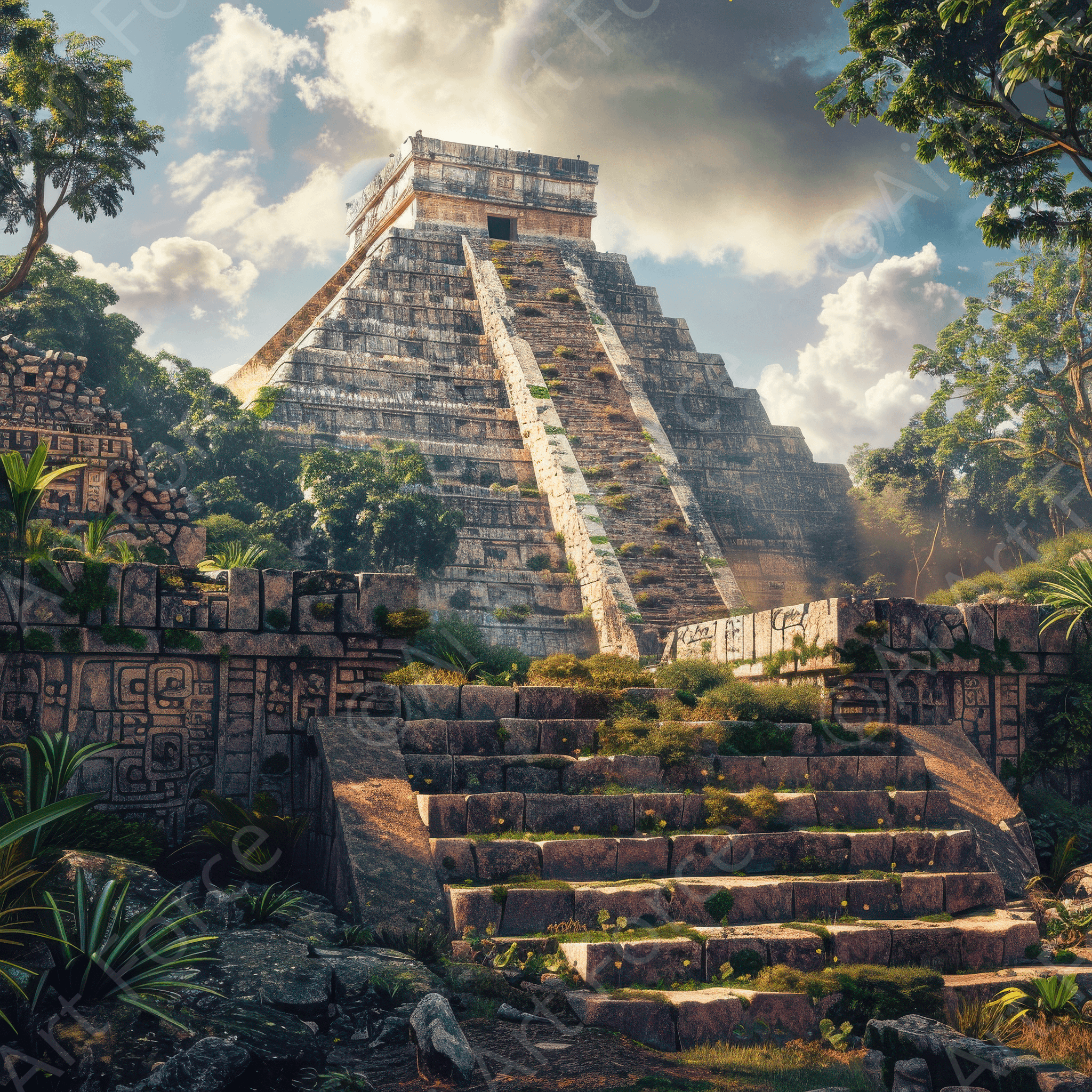 Mayan historical site art—HD digital artwork of ancient temple ruins, detailed stone carvings, dramatic lighting; ideal printable wall art and posters.