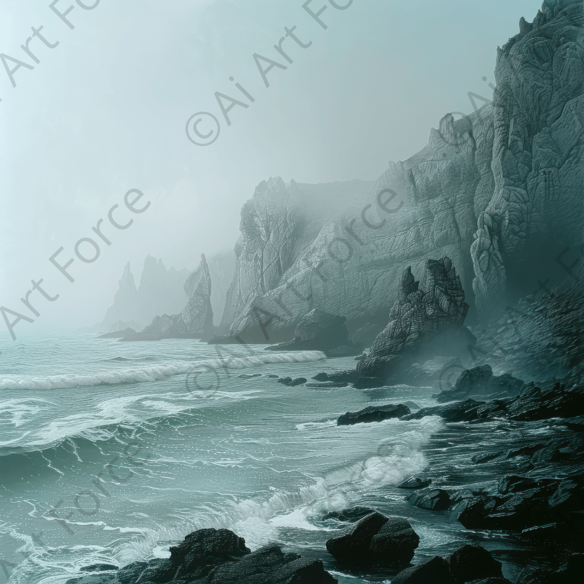 Digital Ai Artwork, of Nature Rocks Sea Fog, ideal for art enthusiasts and collectors.