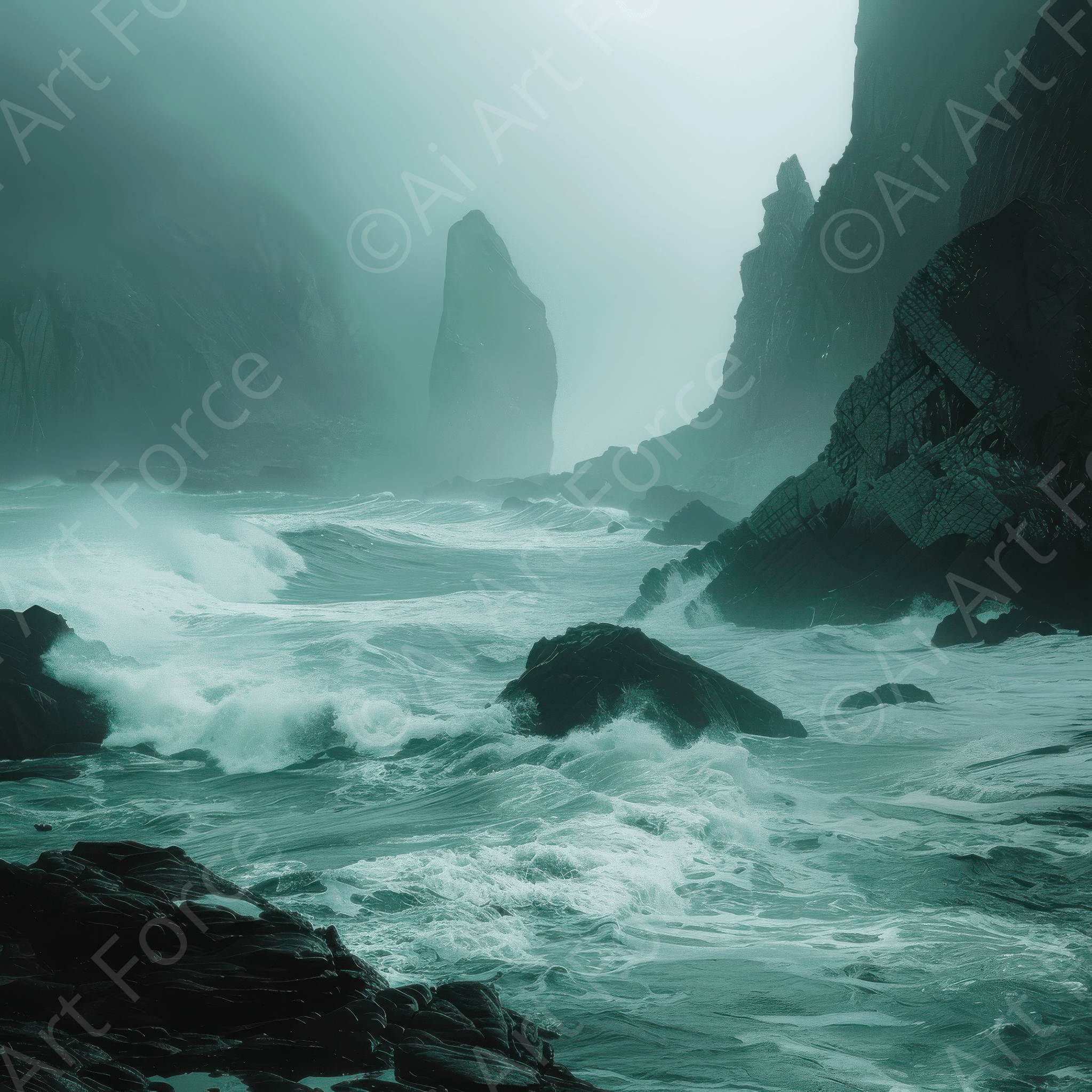 Digital Ai Artwork, of Nature rocks sea fog2, ideal for art enthusiasts and collectors.