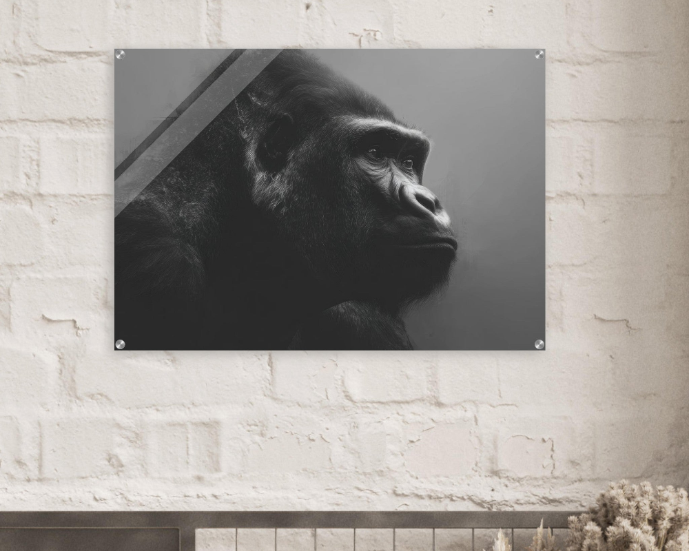 Black and white photo of a gorilla on a brick wall