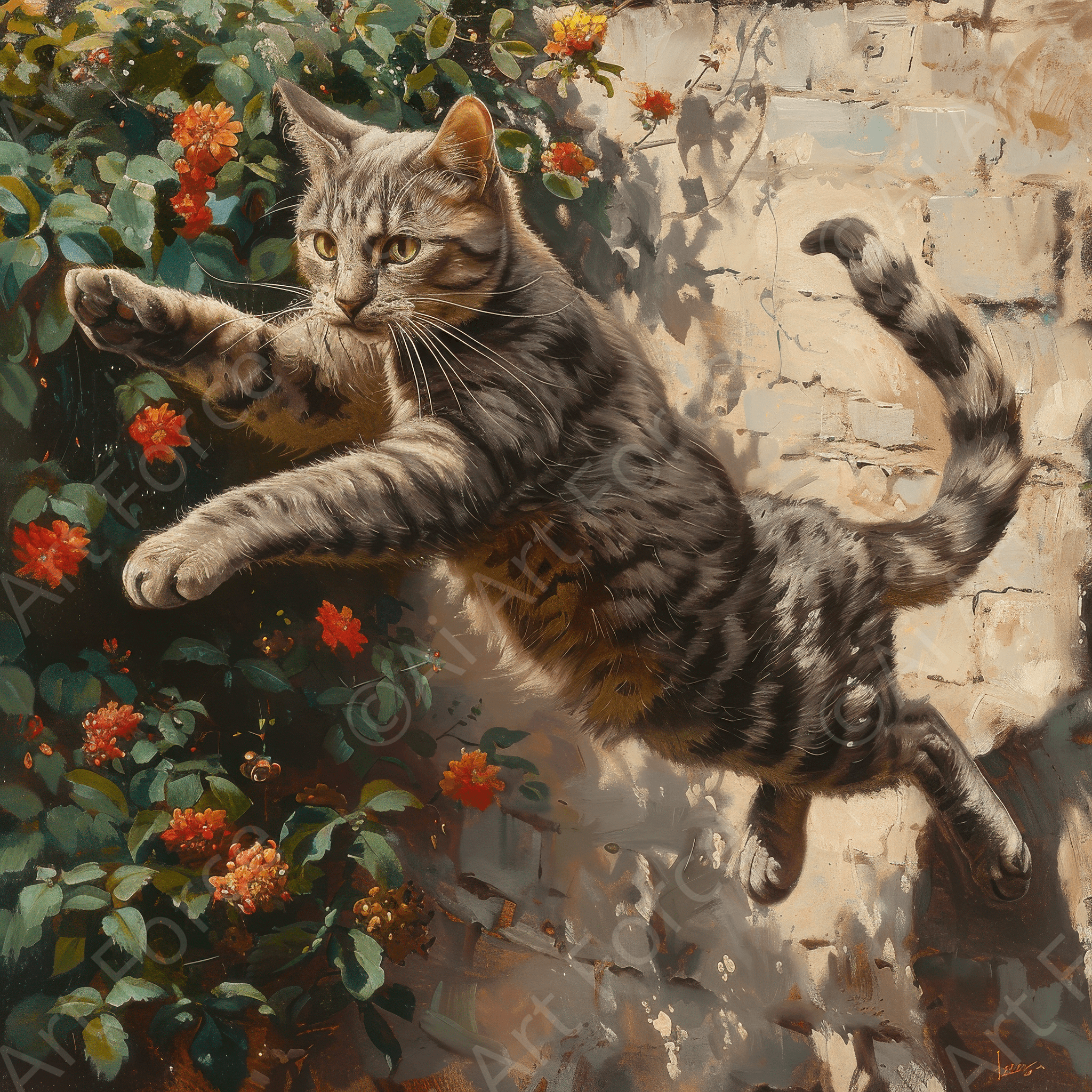 Digital Ai Artwork, of Playing Cat garden tricks, ideal for art enthusiasts and collectors.
