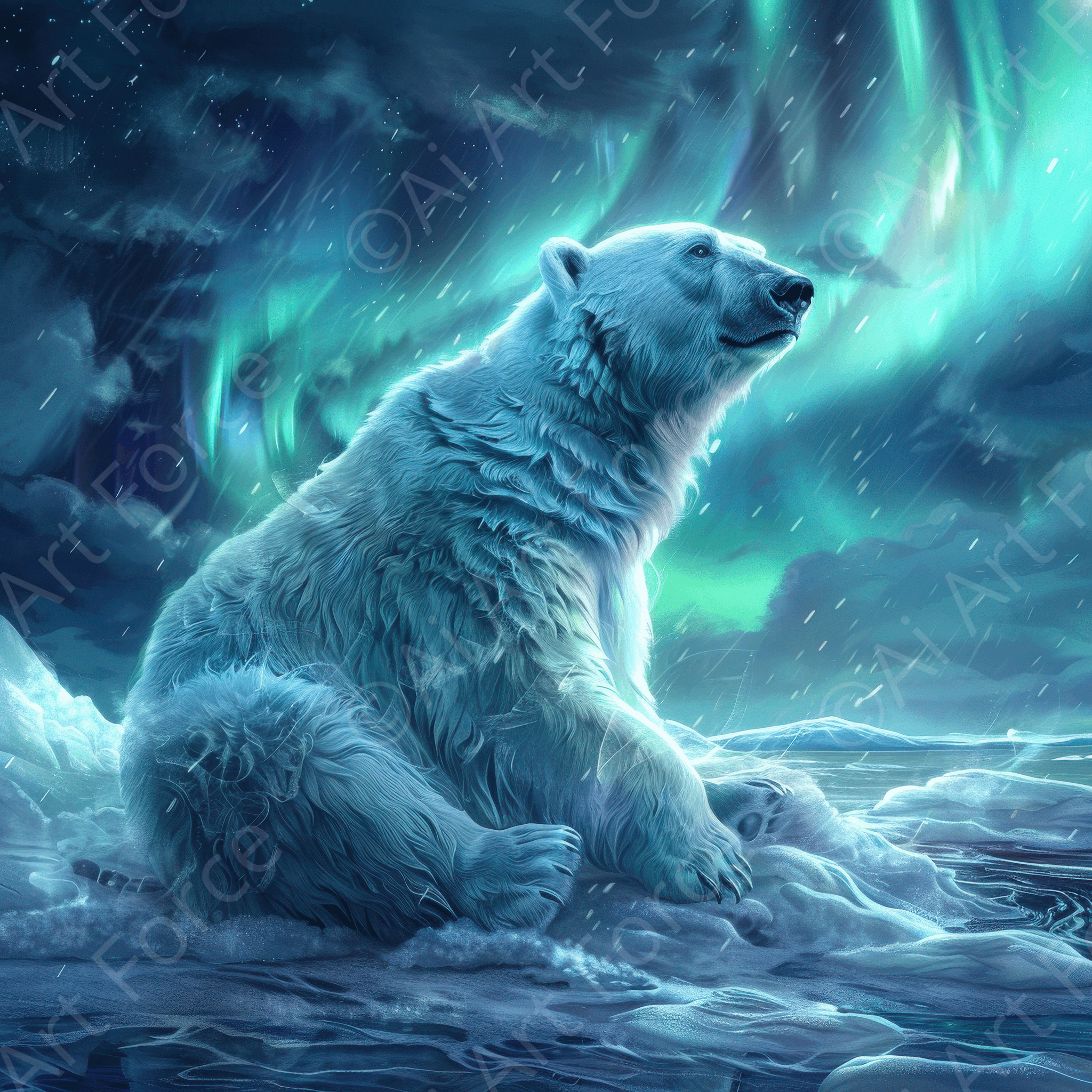 Digital Ai Artwork, of Polar Bear in the cold Night Enjoying the Northern Lights, ideal for art enthusiasts and collectors.