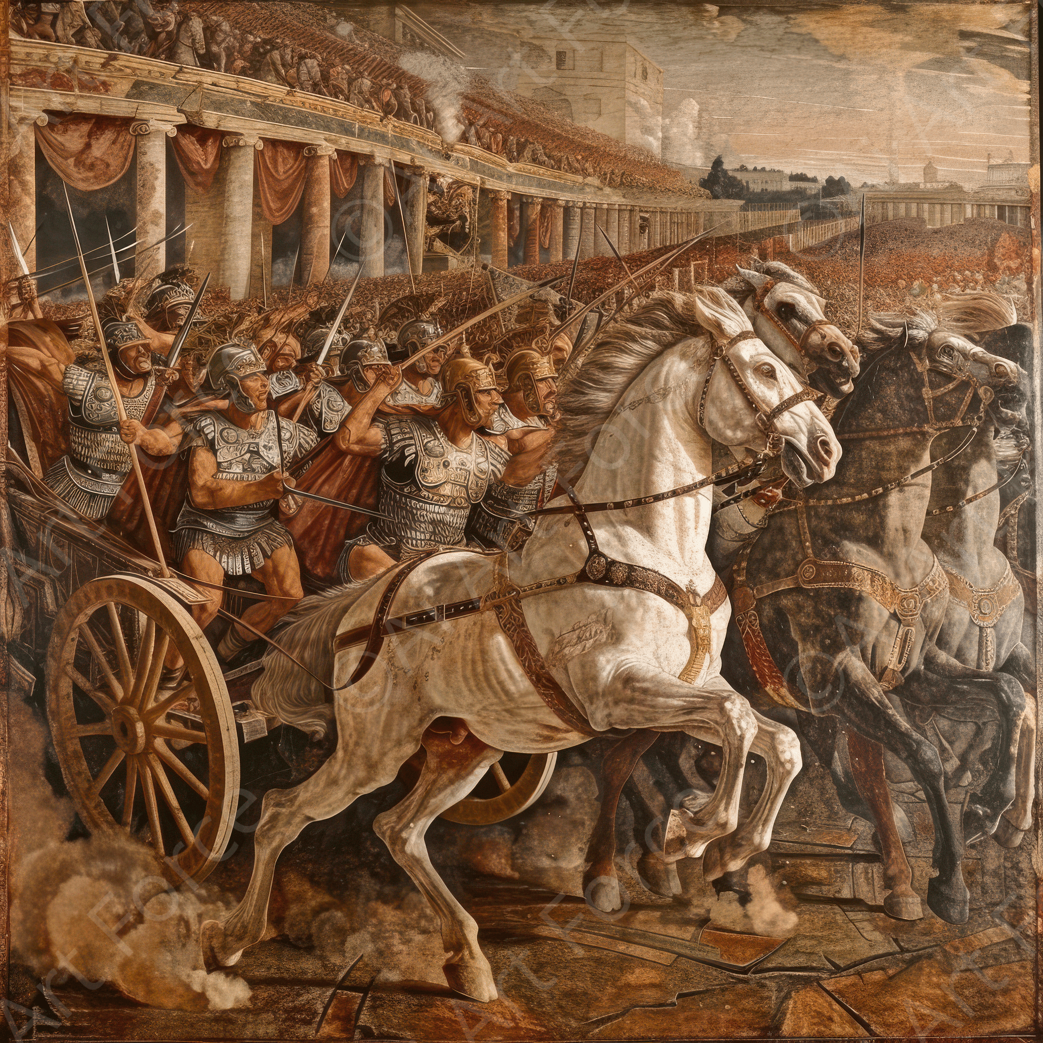 Digital Ai Artwork, of Roman chariot in a fight, ideal for art enthusiasts and collectors.