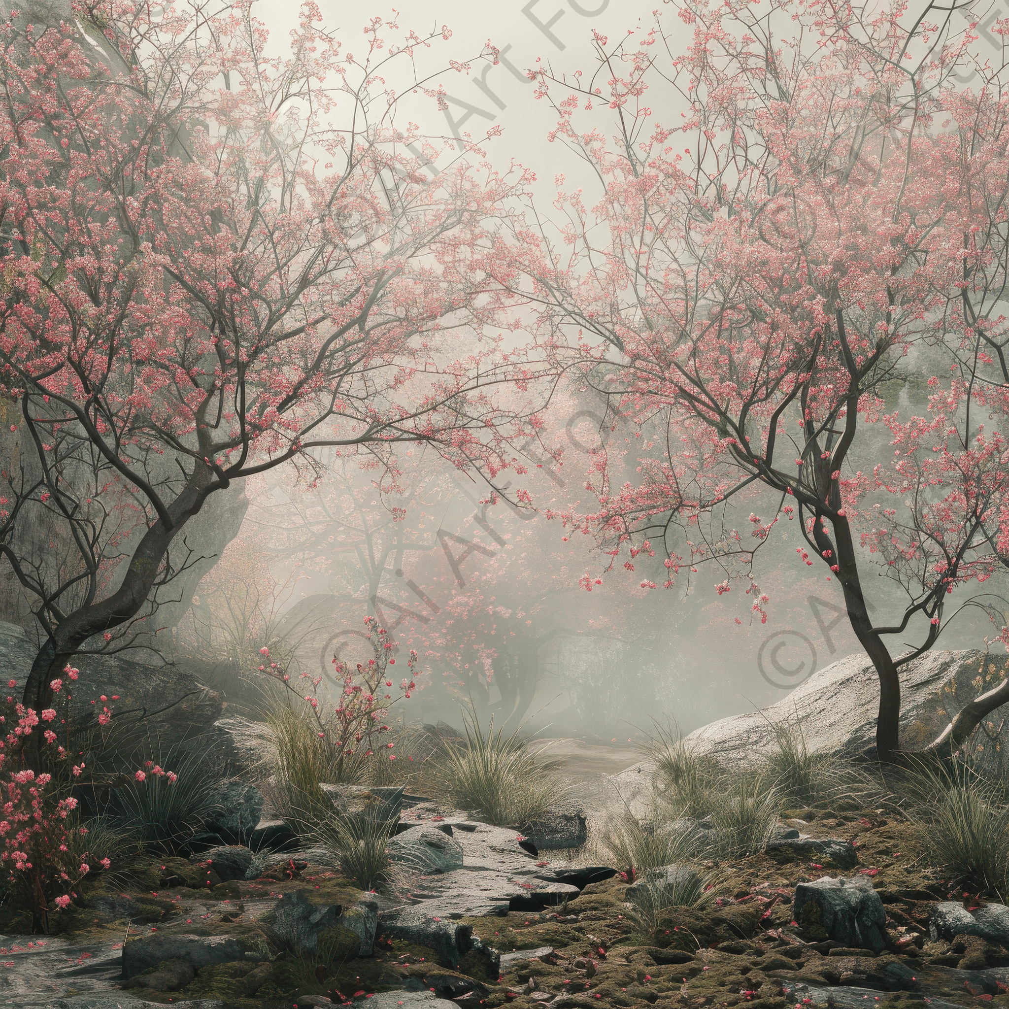 Digital Ai Artwork, of Rough Nature Chinese Blossom Forest, ideal for art enthusiasts and collectors.