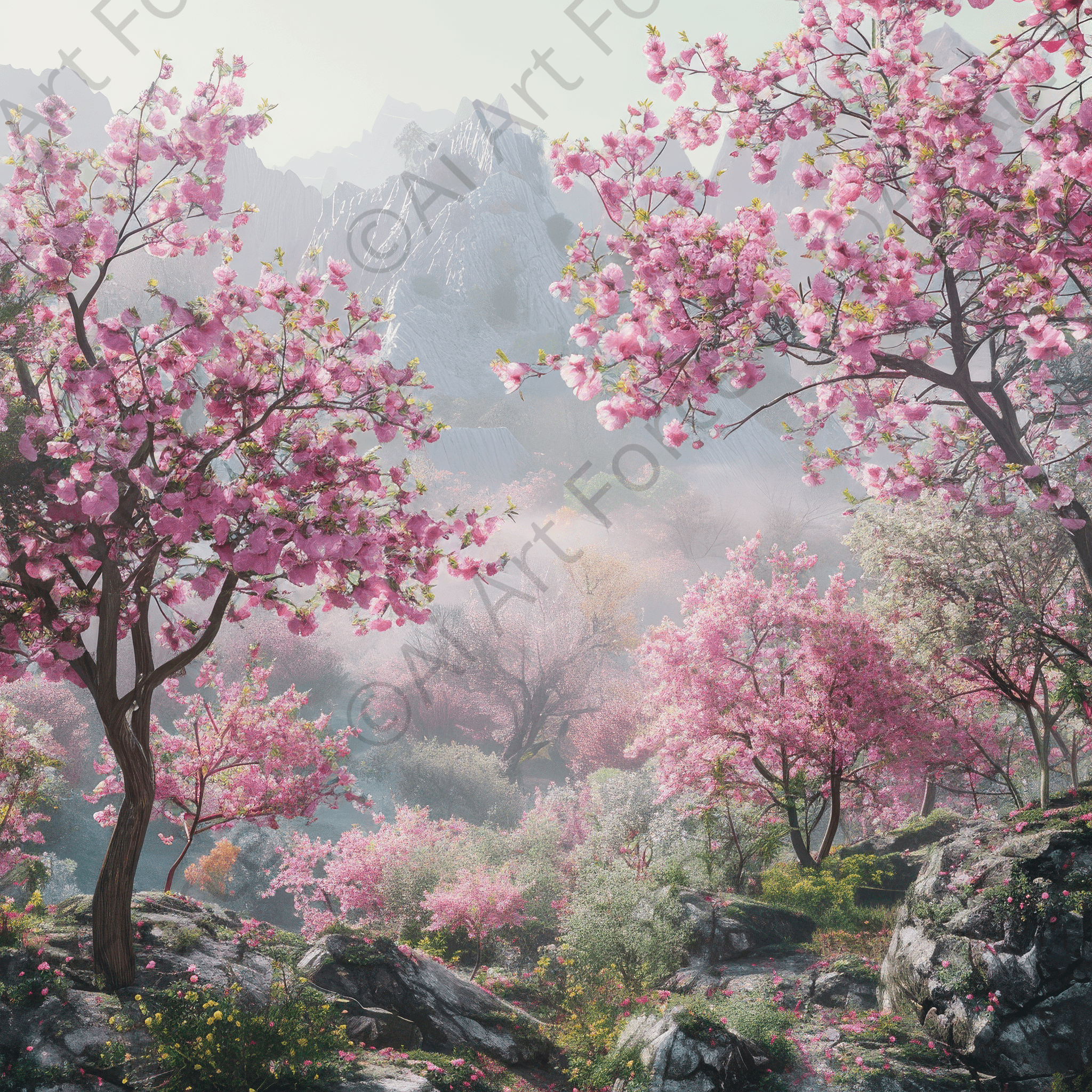 Digital Ai Artwork, of Rough Nature Chinese Blossom Forest 2, ideal for art enthusiasts and collectors.