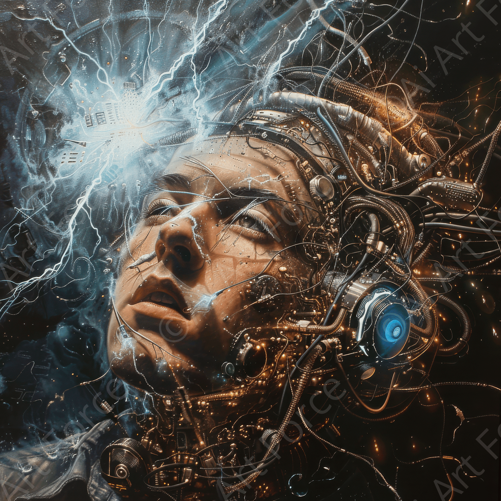 Digital Ai Artwork, of Sci Fi Teslacoil Hybrid Droid, ideal for art enthusiasts and collectors.