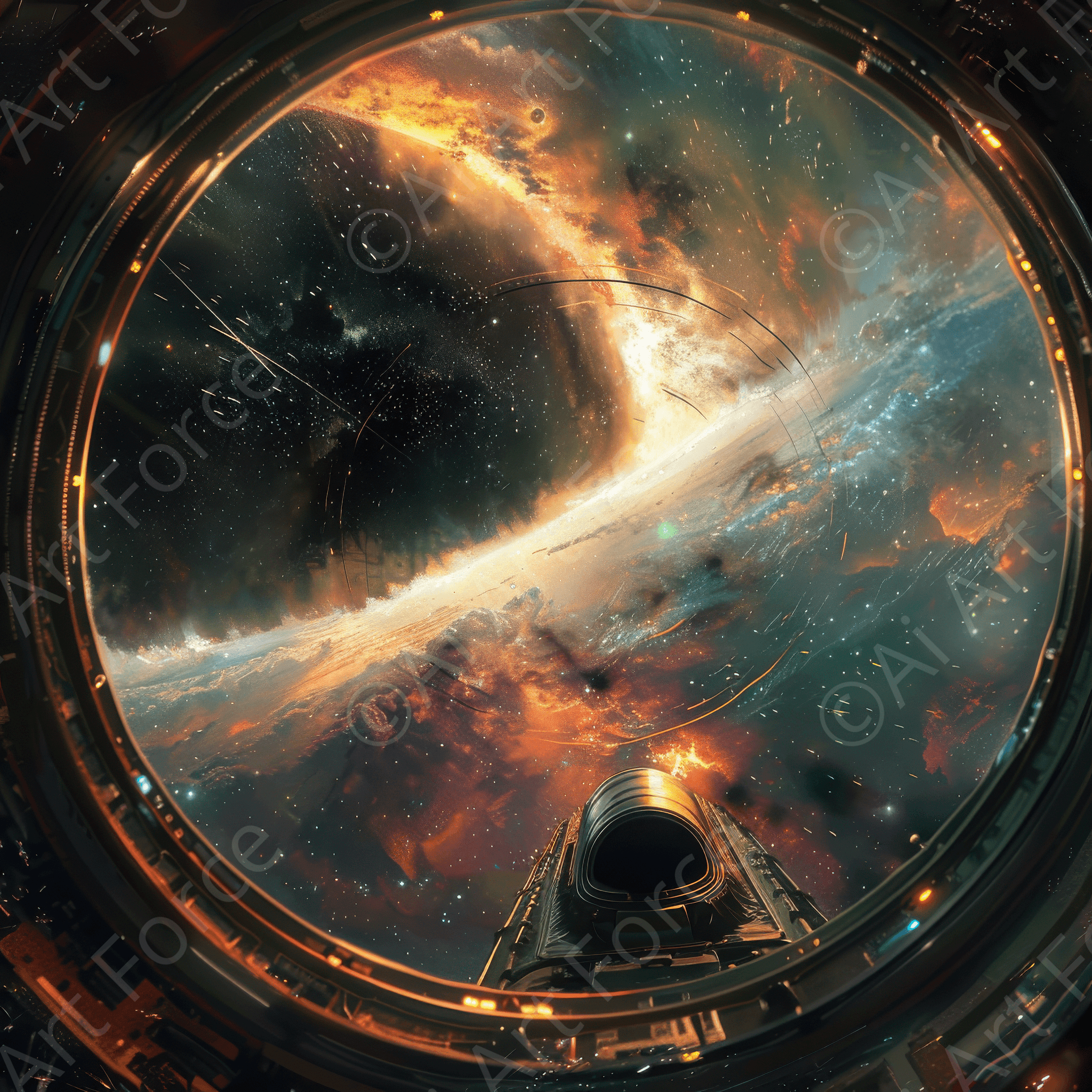 Digital Ai Artwork, of Spaceship Entering a BlackHole, ideal for art enthusiasts and collectors.