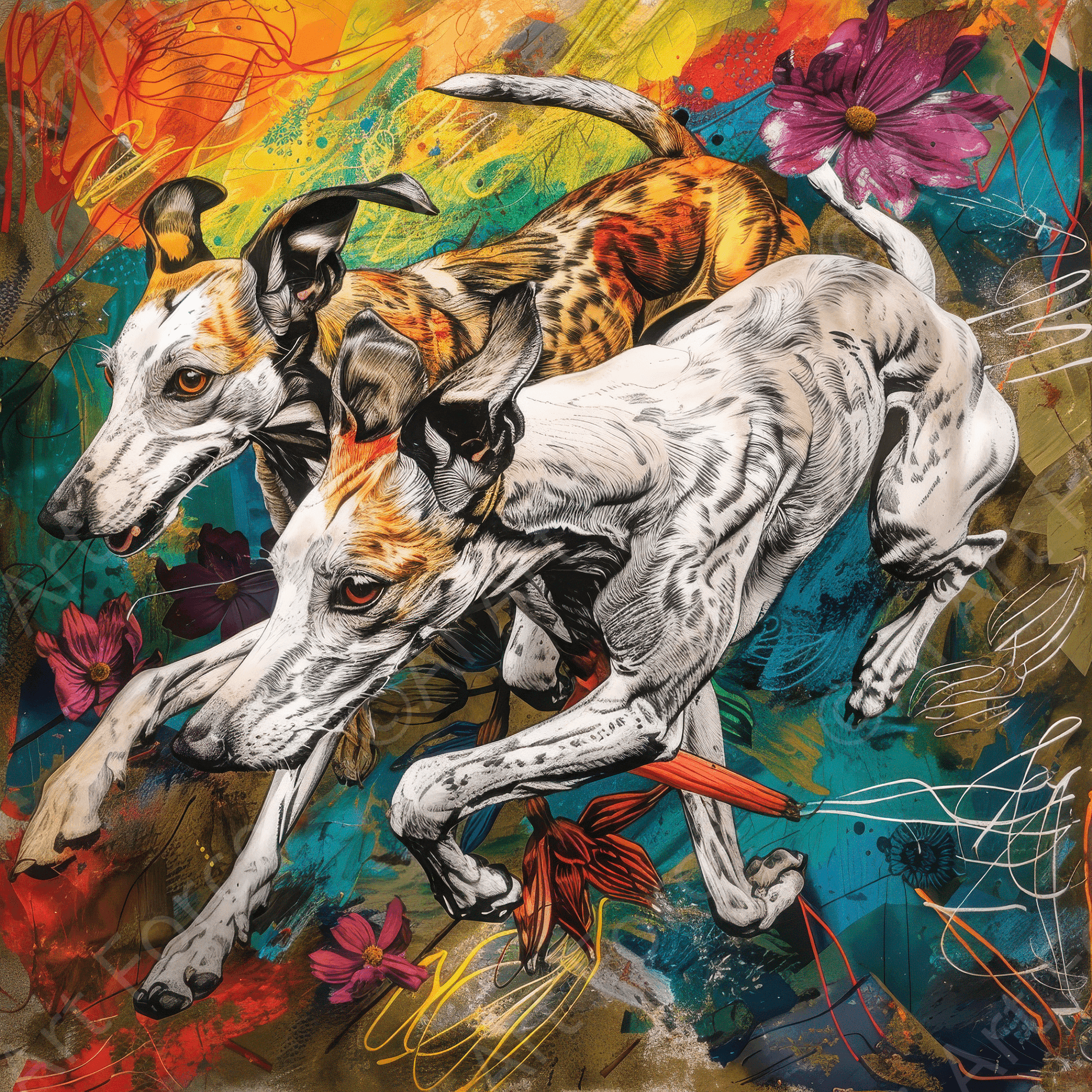 Digital Ai Artwork, of Whippets love playing 2, ideal for art enthusiasts and collectors.