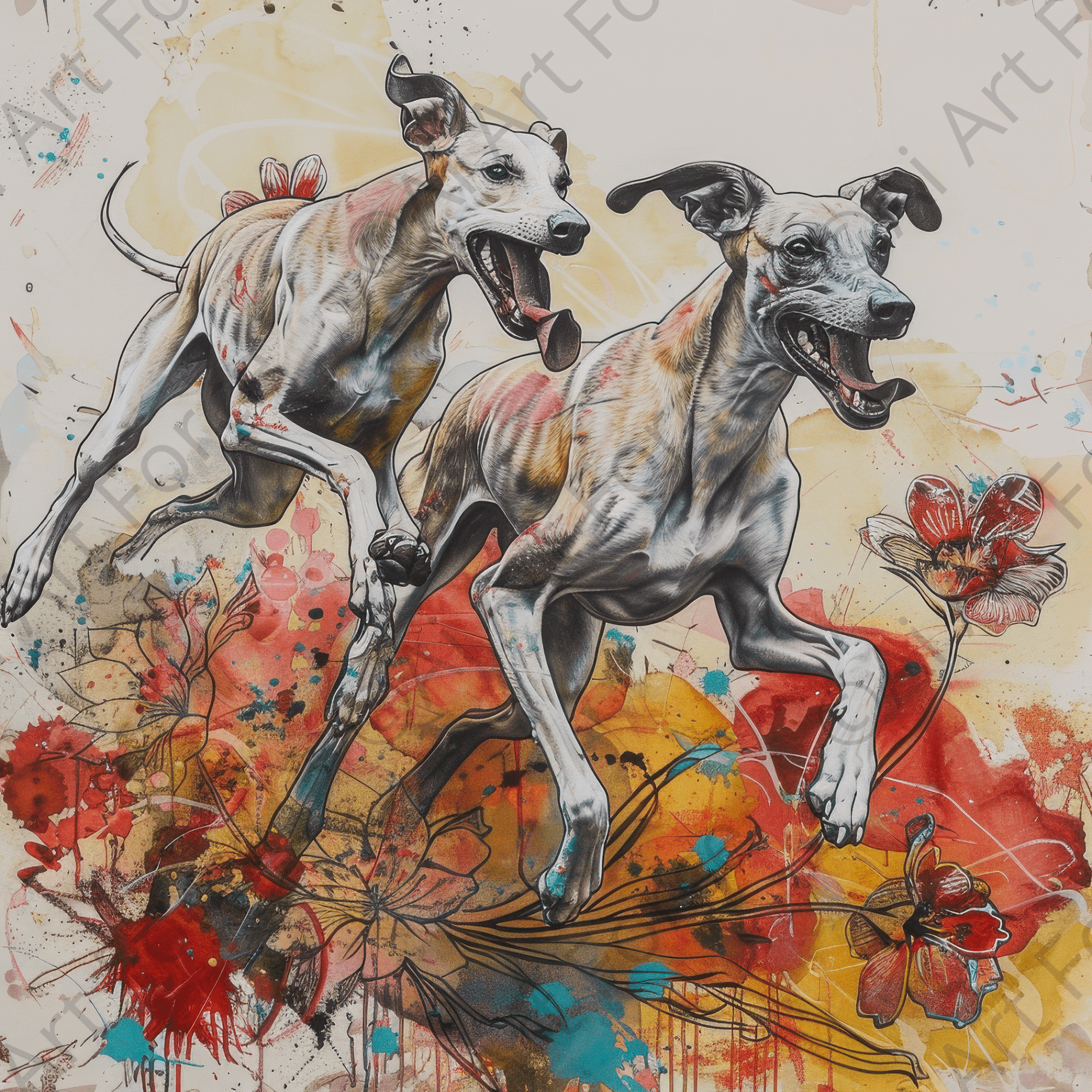 Digital Ai Artwork, of Whippets love playing 5, ideal for art enthusiasts and collectors.