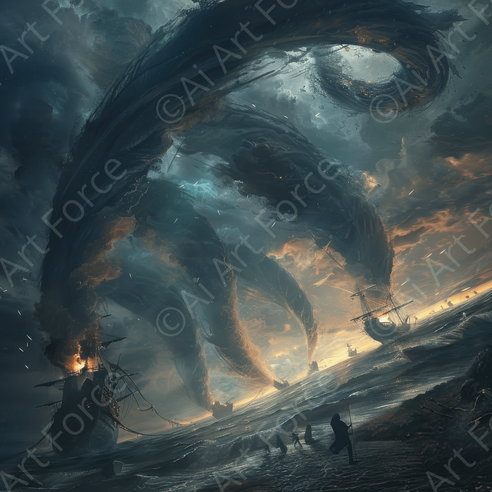 Digital Ai Artwork, of Wizzard attacks Pirat boats protecting his people, ideal for art enthusiasts and collectors.