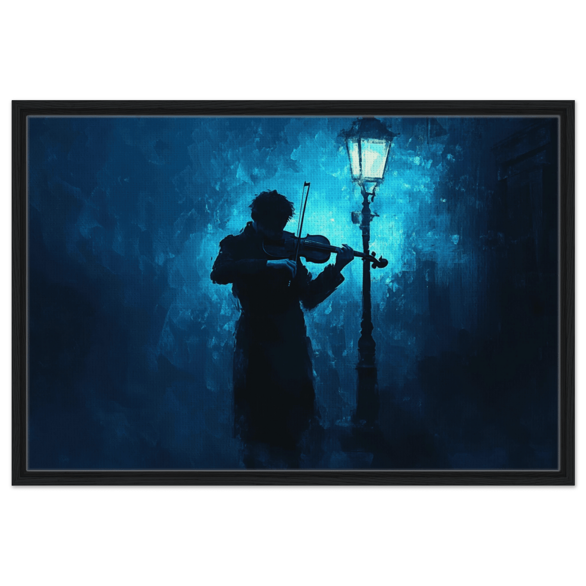 A lone violinist stands beneath a flickering sir 3 - Shop Ai Art WebShop - Digital Art online Store
