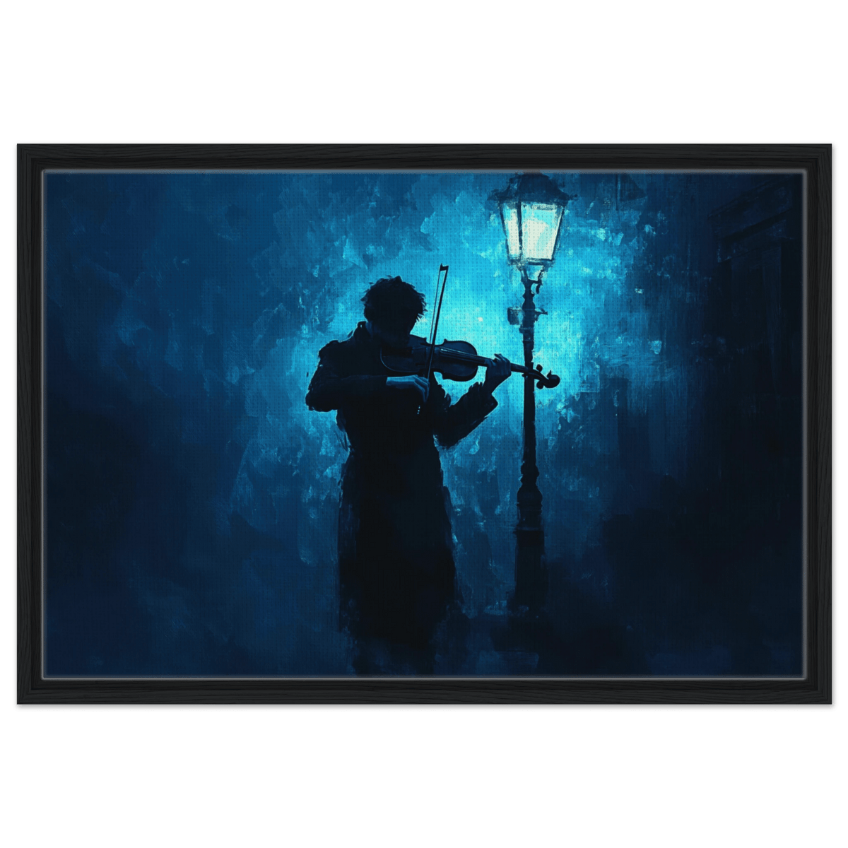 A lone violinist stands beneath a flickering sir 3 - Shop Ai Art WebShop - Digital Art online Store