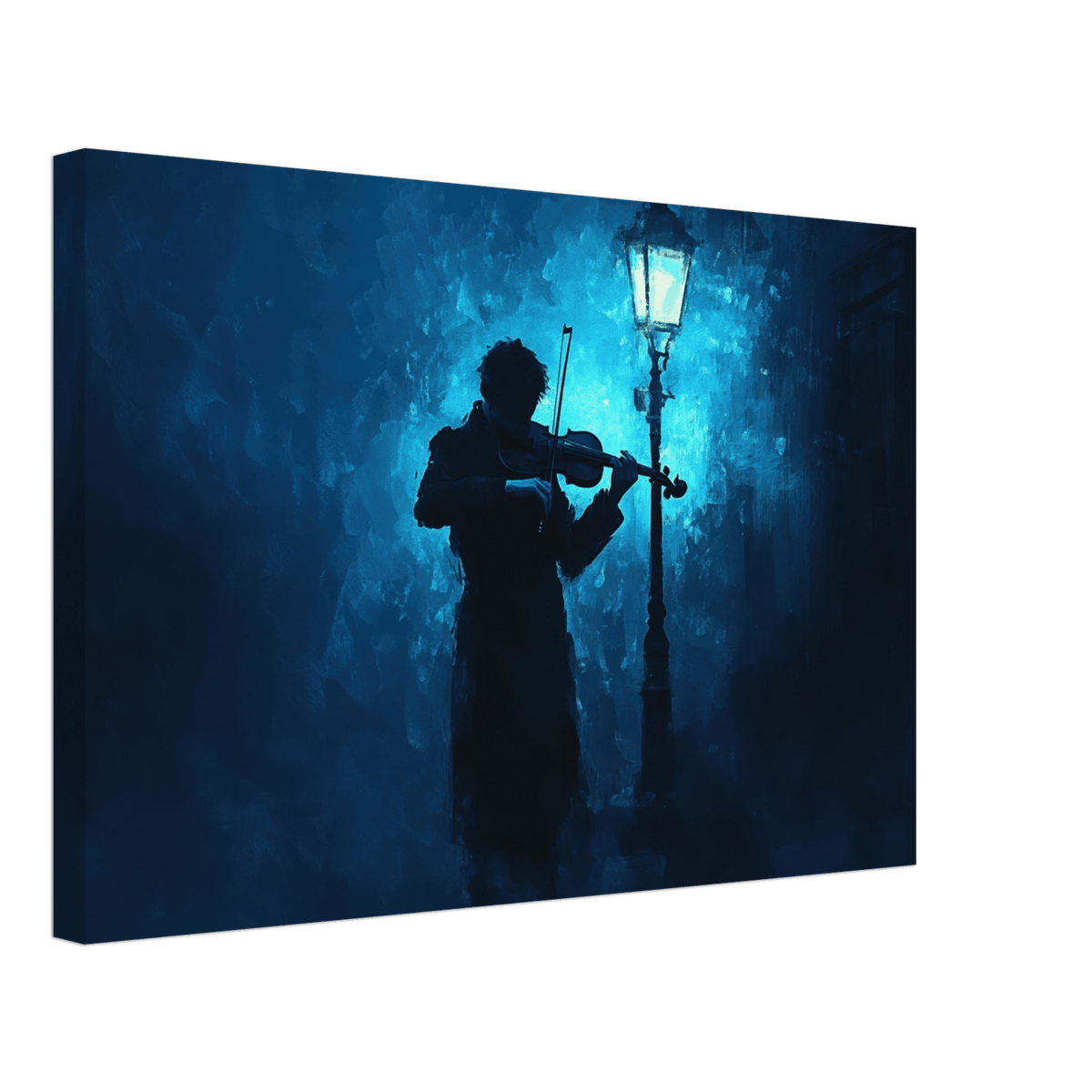 A lone violinist stands beneath a flickering sir 3 - Shop Ai Art WebShop - Digital Art online Store