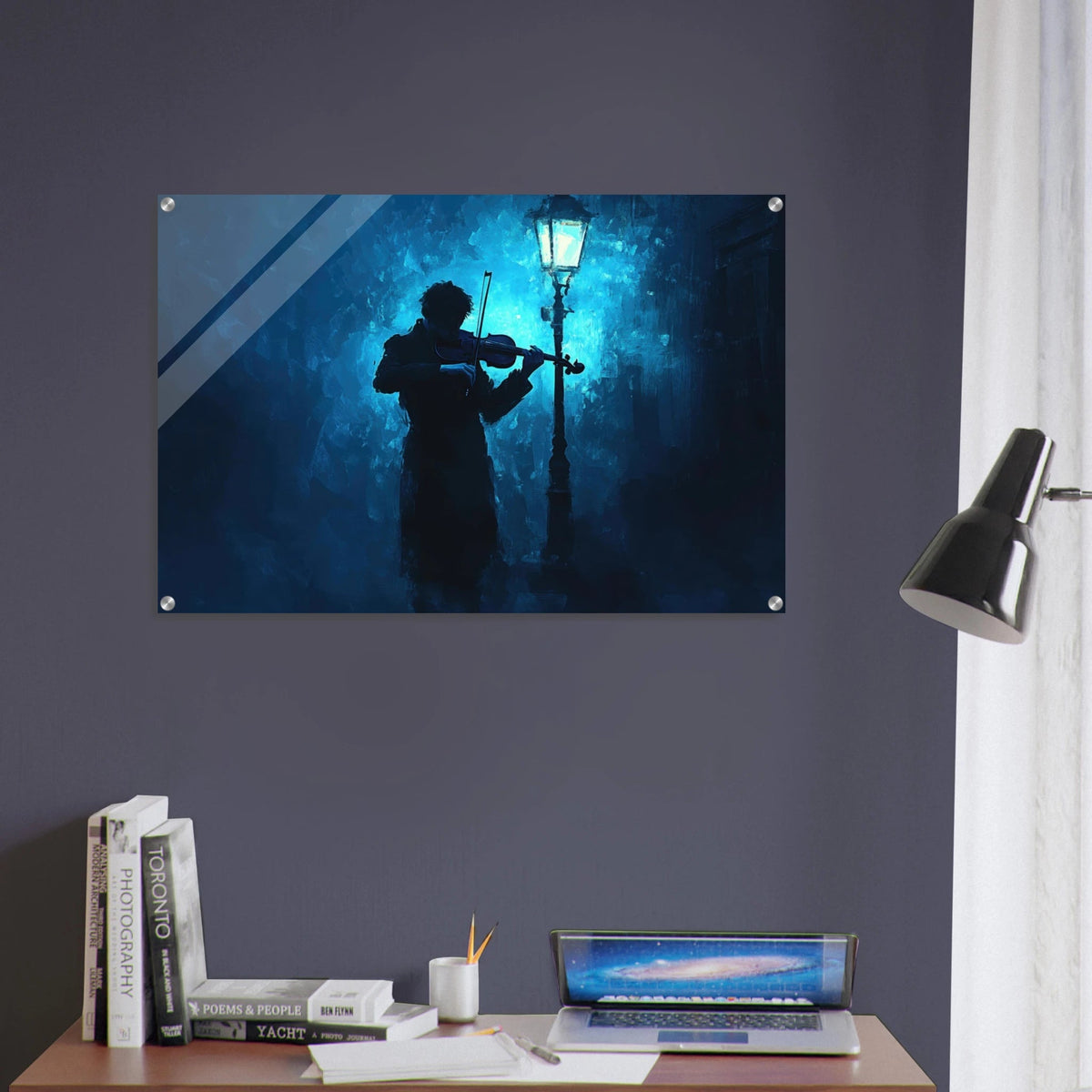 A lone violinist stands beneath a flickering sir 3 - Shop Ai Art WebShop - Digital Art online Store