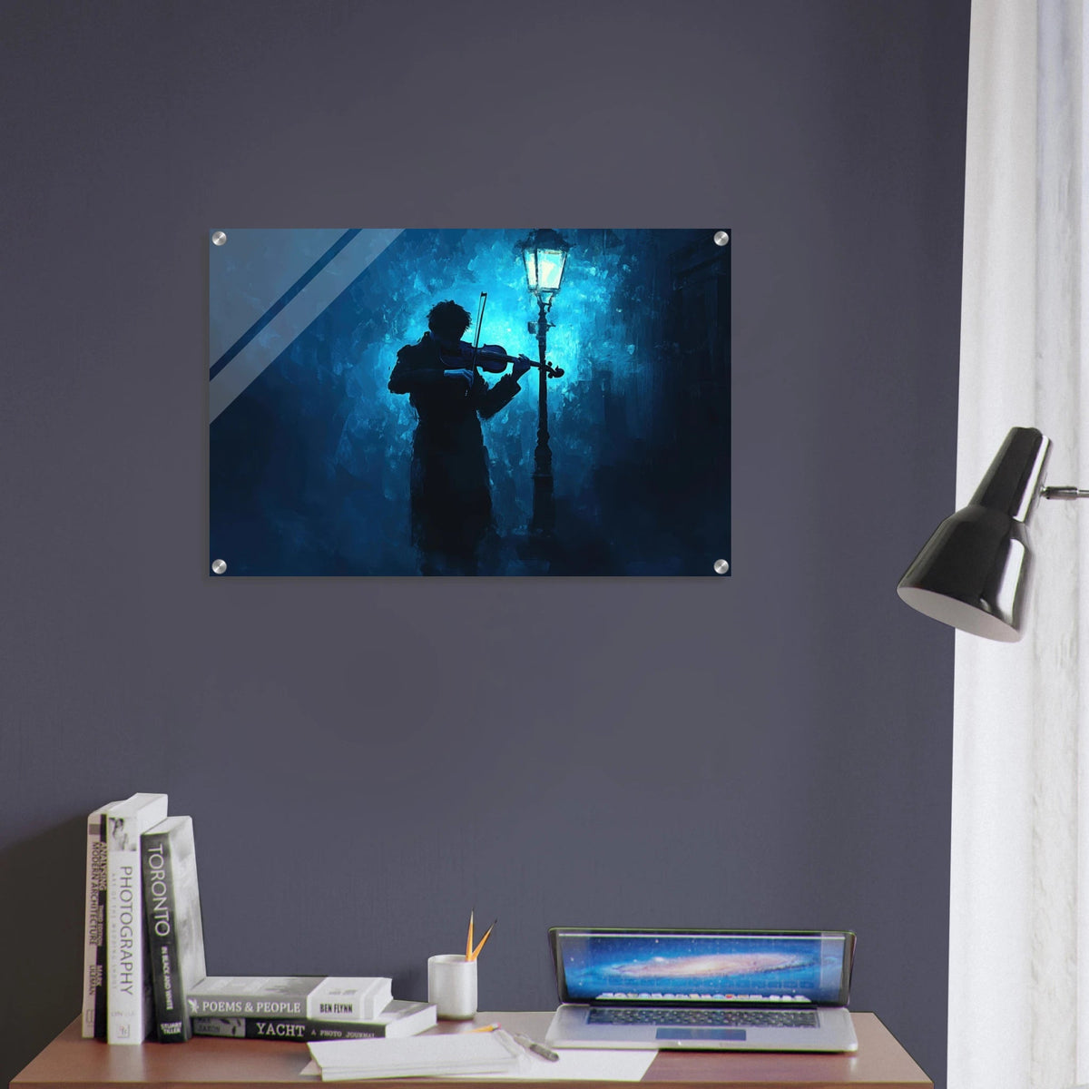A lone violinist stands beneath a flickering sir 3 - Shop Ai Art WebShop - Digital Art online Store