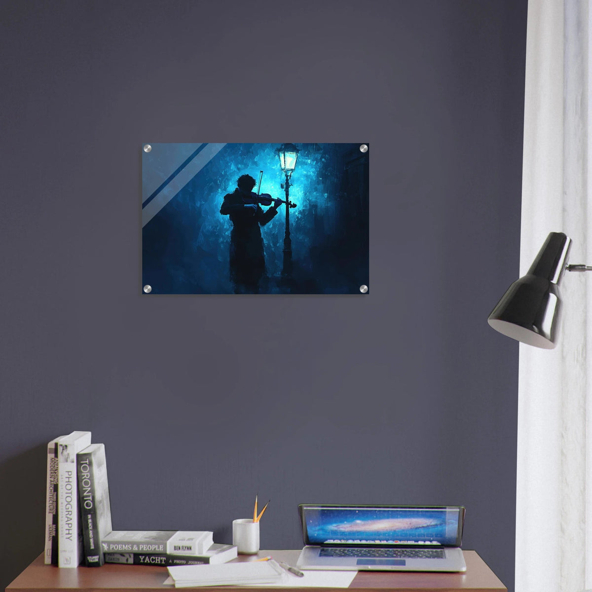 A lone violinist stands beneath a flickering sir 3 - Shop Ai Art WebShop - Digital Art online Store