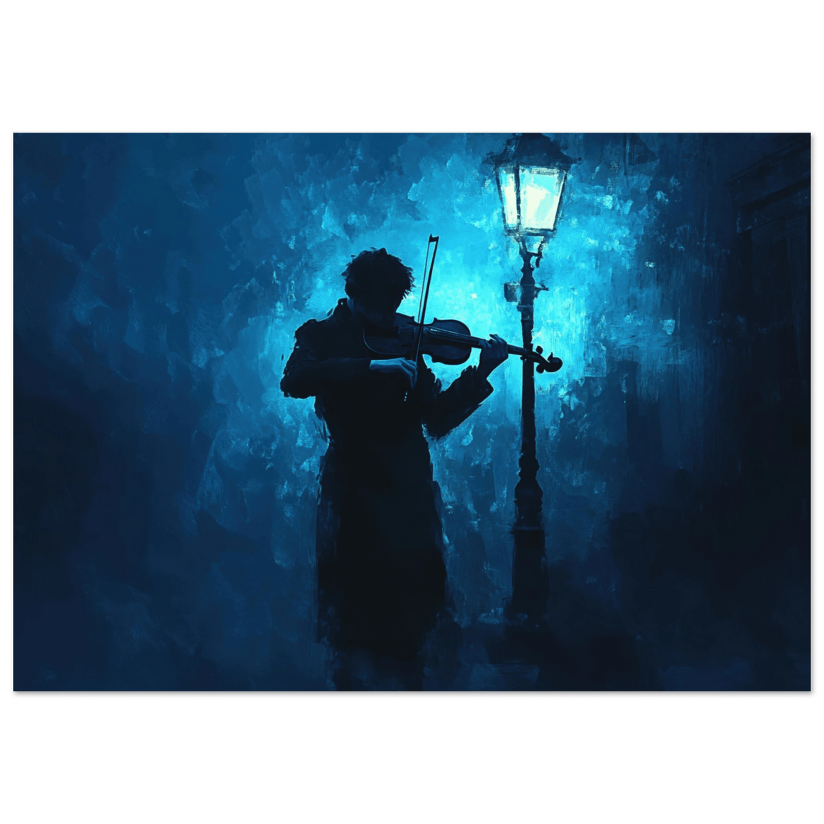 A lone violinist stands beneath a flickering sir 3 - Shop Ai Art WebShop - Digital Art online Store