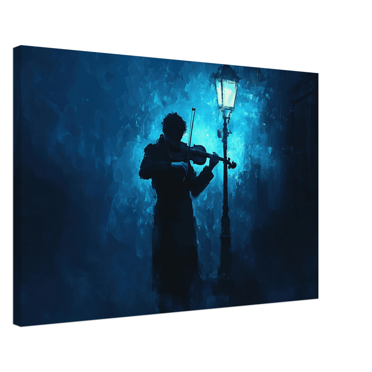 A lone violinist stands beneath a flickering sir 3 - Shop Ai Art WebShop - Digital Art online Store
