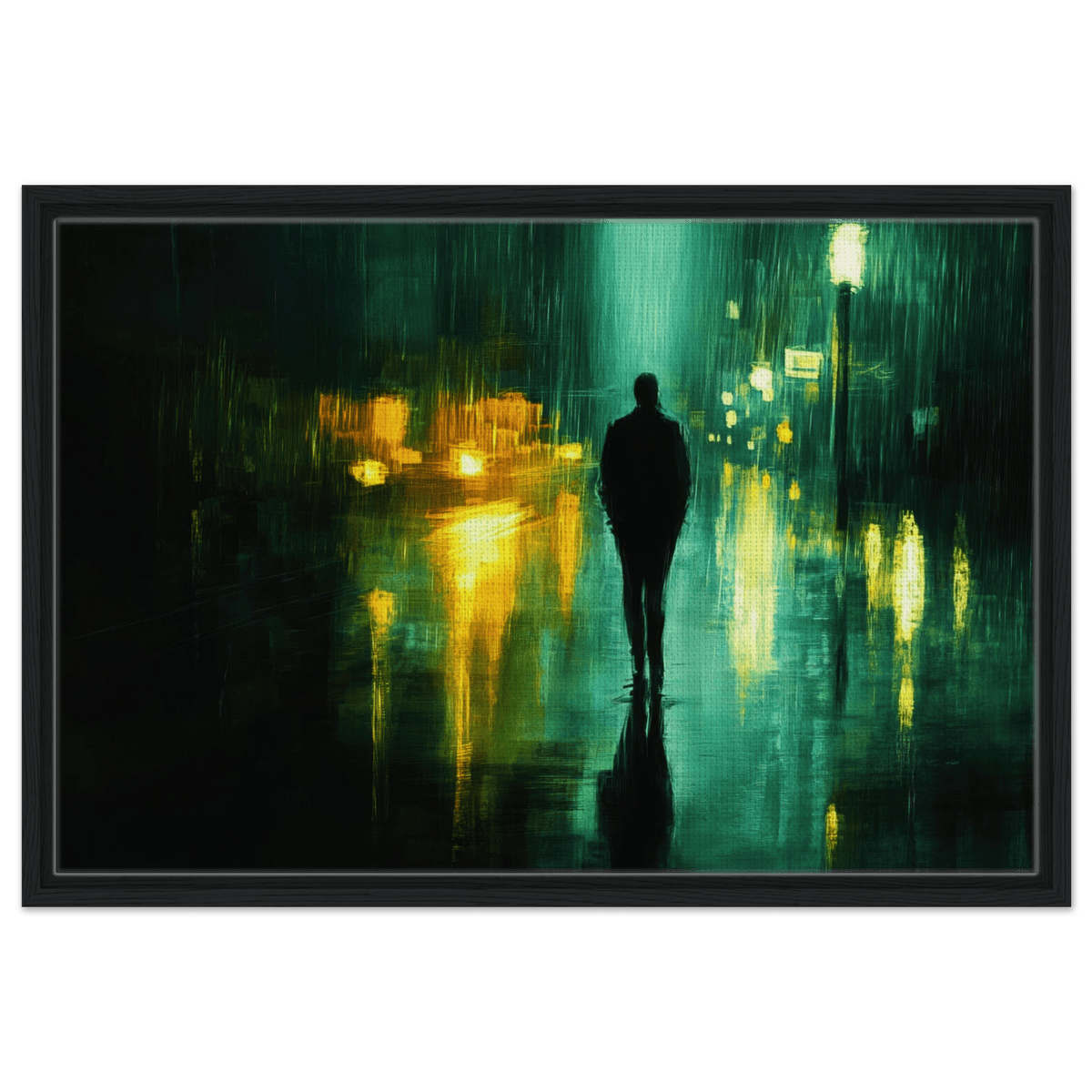 A man walks alone in the pouring rain his figure - Shop Ai Art WebShop - Digital Art online Store