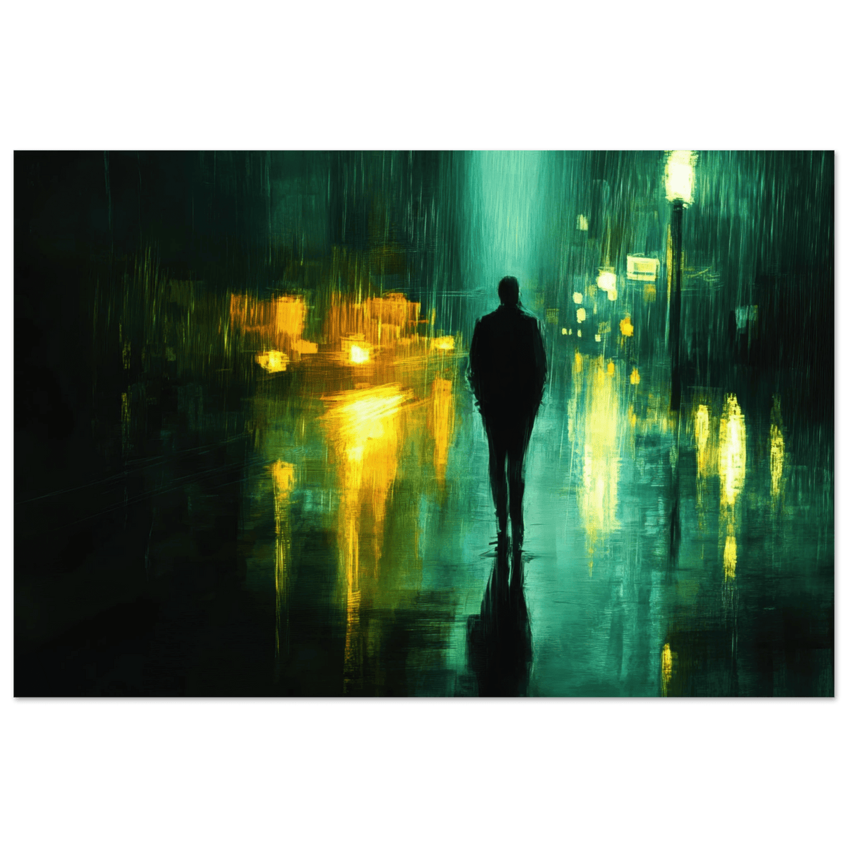 A man walks alone in the pouring rain his figure - Shop Ai Art WebShop - Digital Art online Store