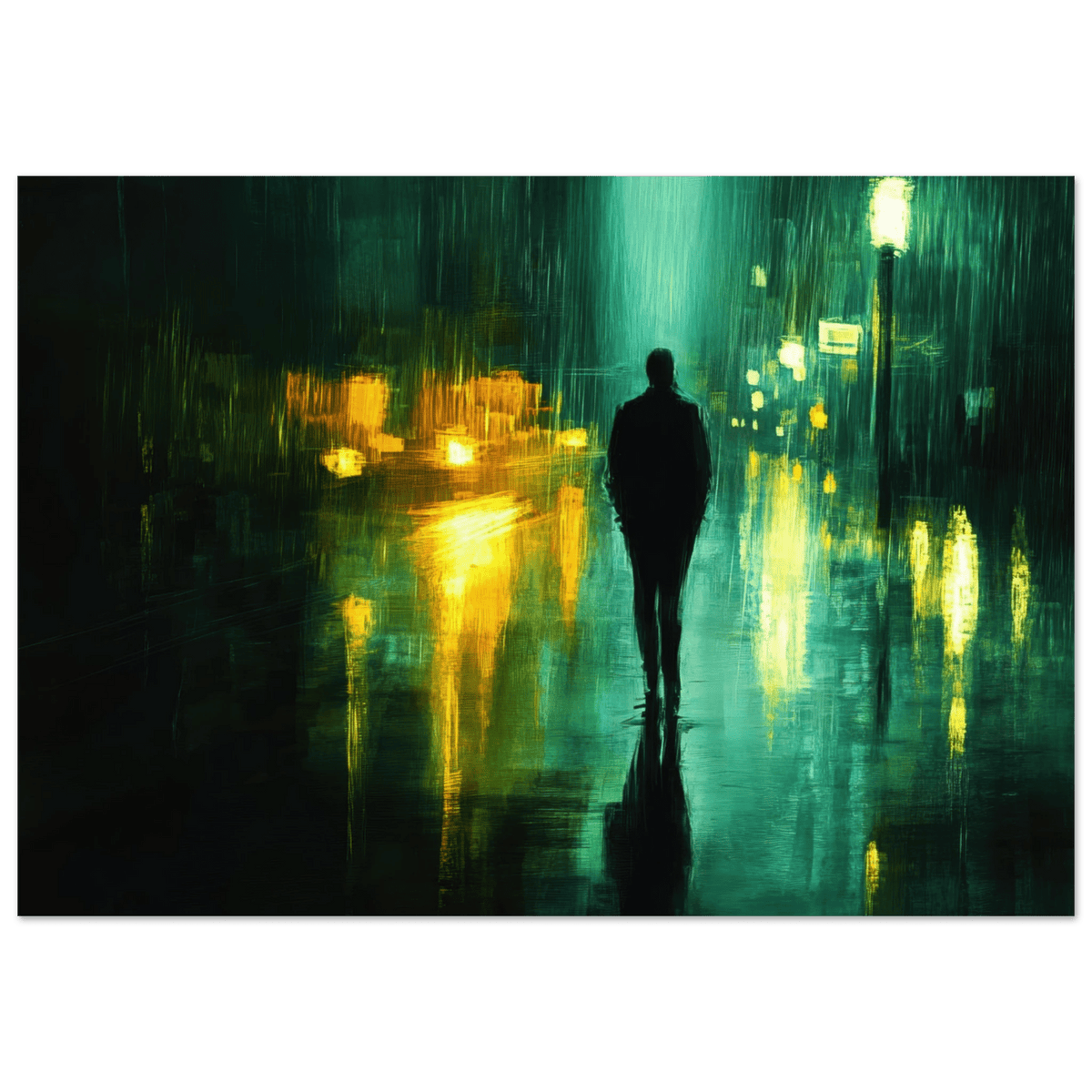 A man walks alone in the pouring rain his figure - Shop Ai Art WebShop - Digital Art online Store