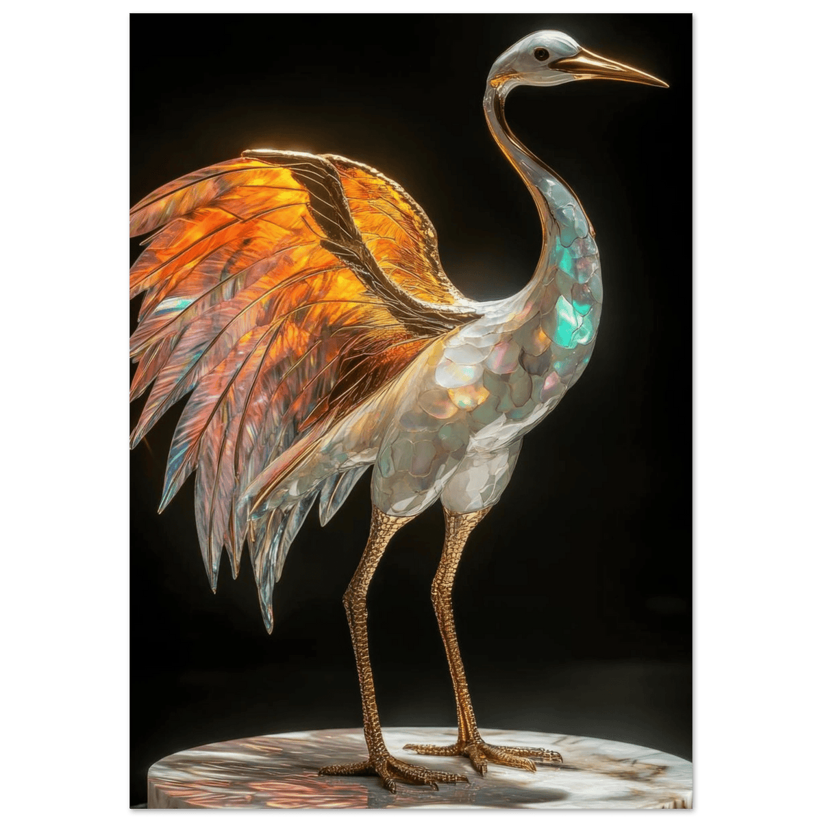 A Mythical crane with elongated gold fire opal wings - Shop Ai Art WebShop - Digital Art online Store