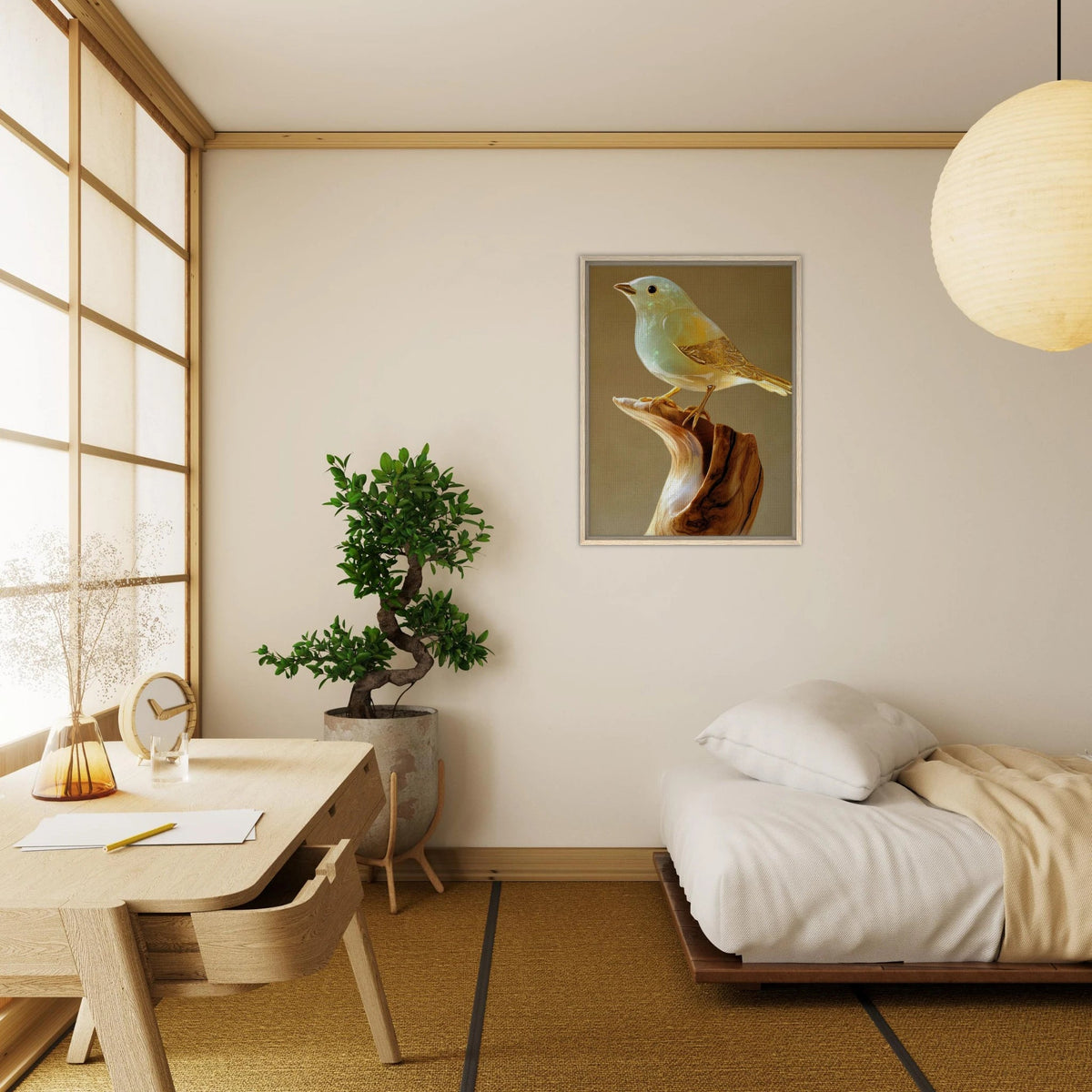 A small bird sitting on top of a wooden branch - Shop Ai Art WebShop - Digital Art online Store