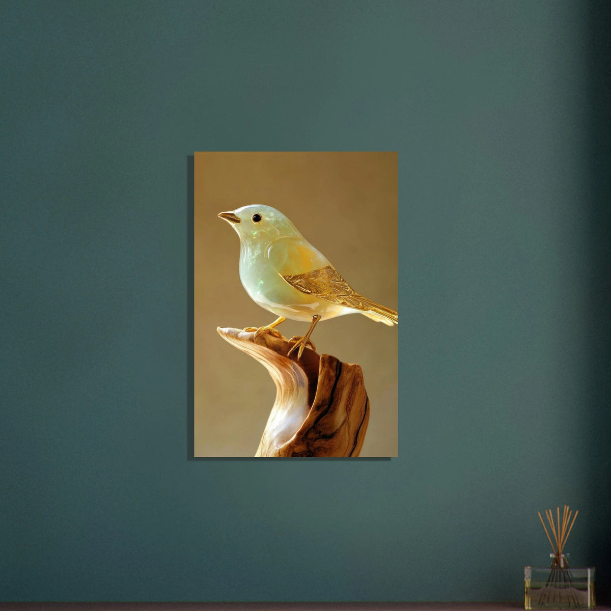 A small bird sitting on top of a wooden branch - Shop Ai Art WebShop - Digital Art online Store