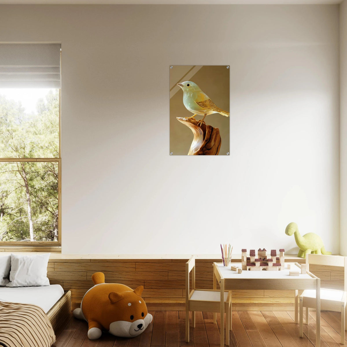 A small bird sitting on top of a wooden branch - Shop Ai Art WebShop - Digital Art online Store