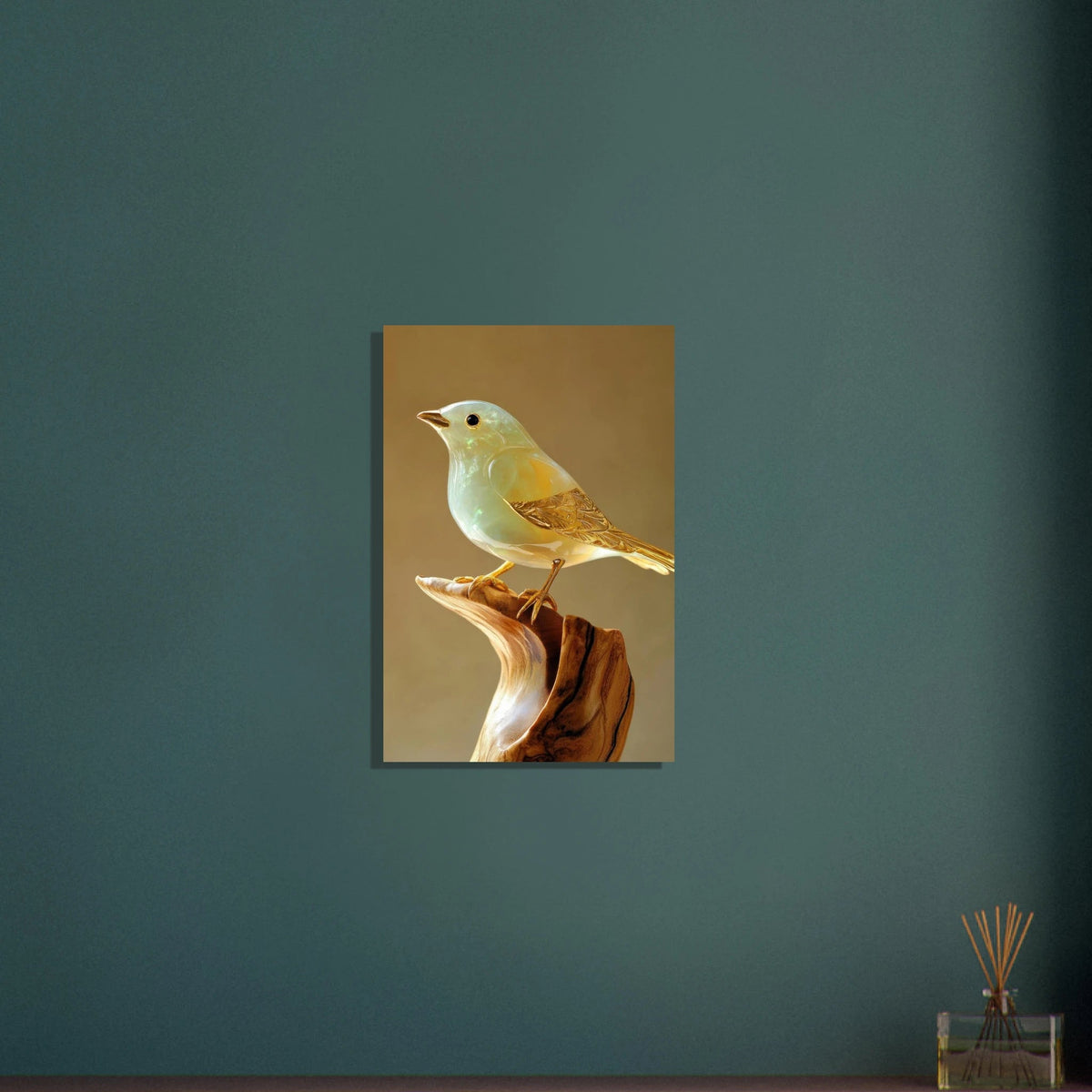A small bird sitting on top of a wooden branch - Shop Ai Art WebShop - Digital Art online Store