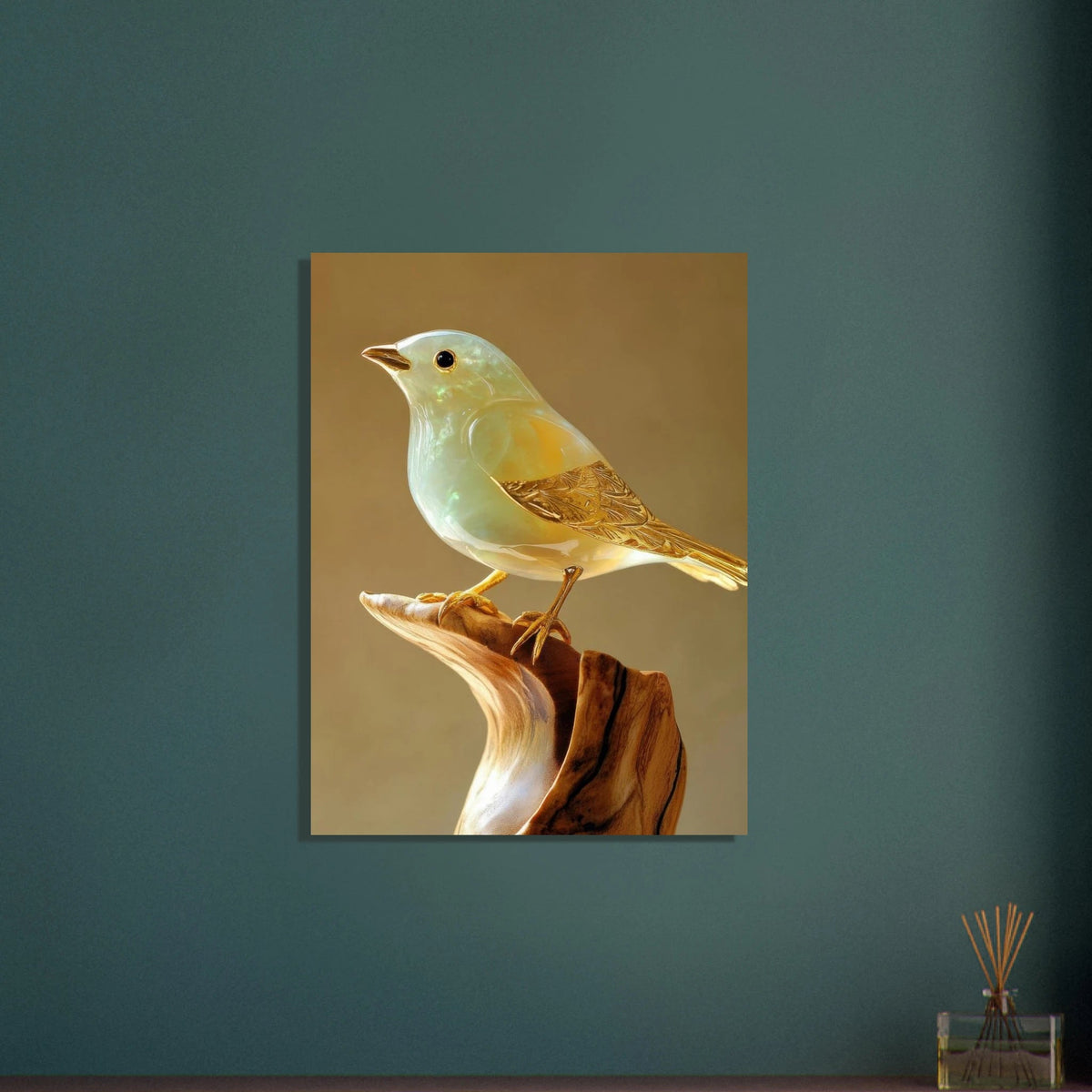 A small bird sitting on top of a wooden branch - Shop Ai Art WebShop - Digital Art online Store