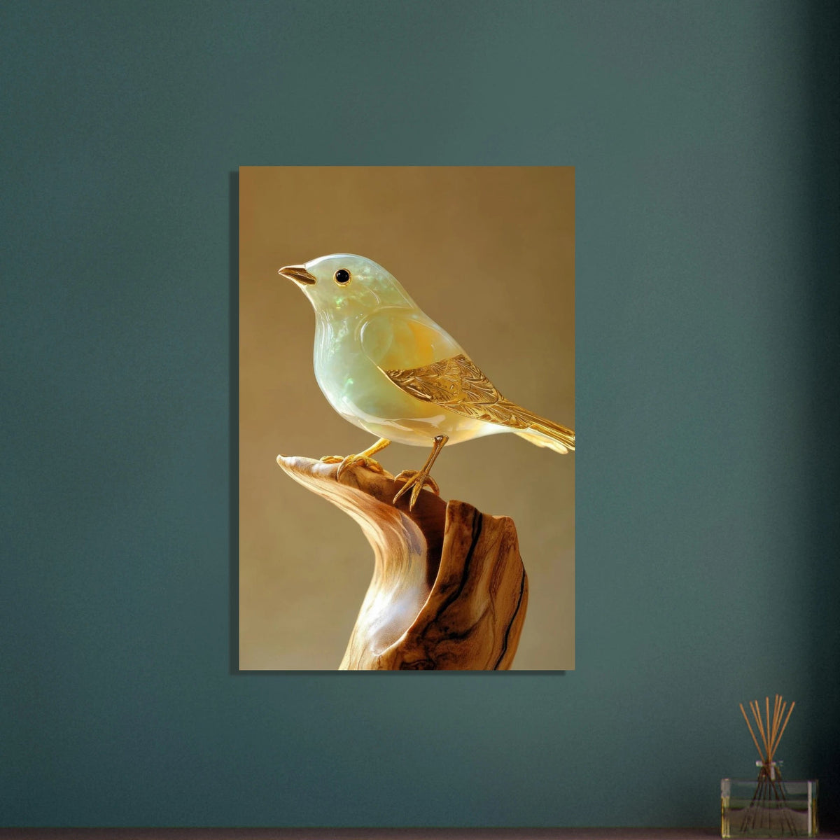A small bird sitting on top of a wooden branch - Shop Ai Art WebShop - Digital Art online Store