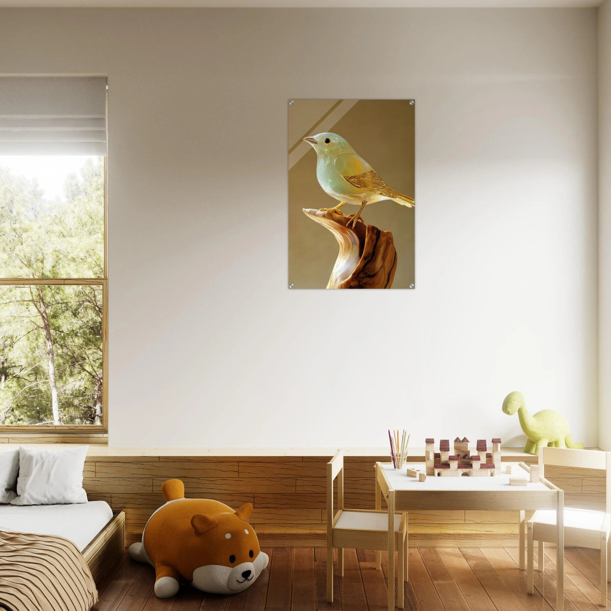 A small bird sitting on top of a wooden branch - Shop Ai Art WebShop - Digital Art online Store