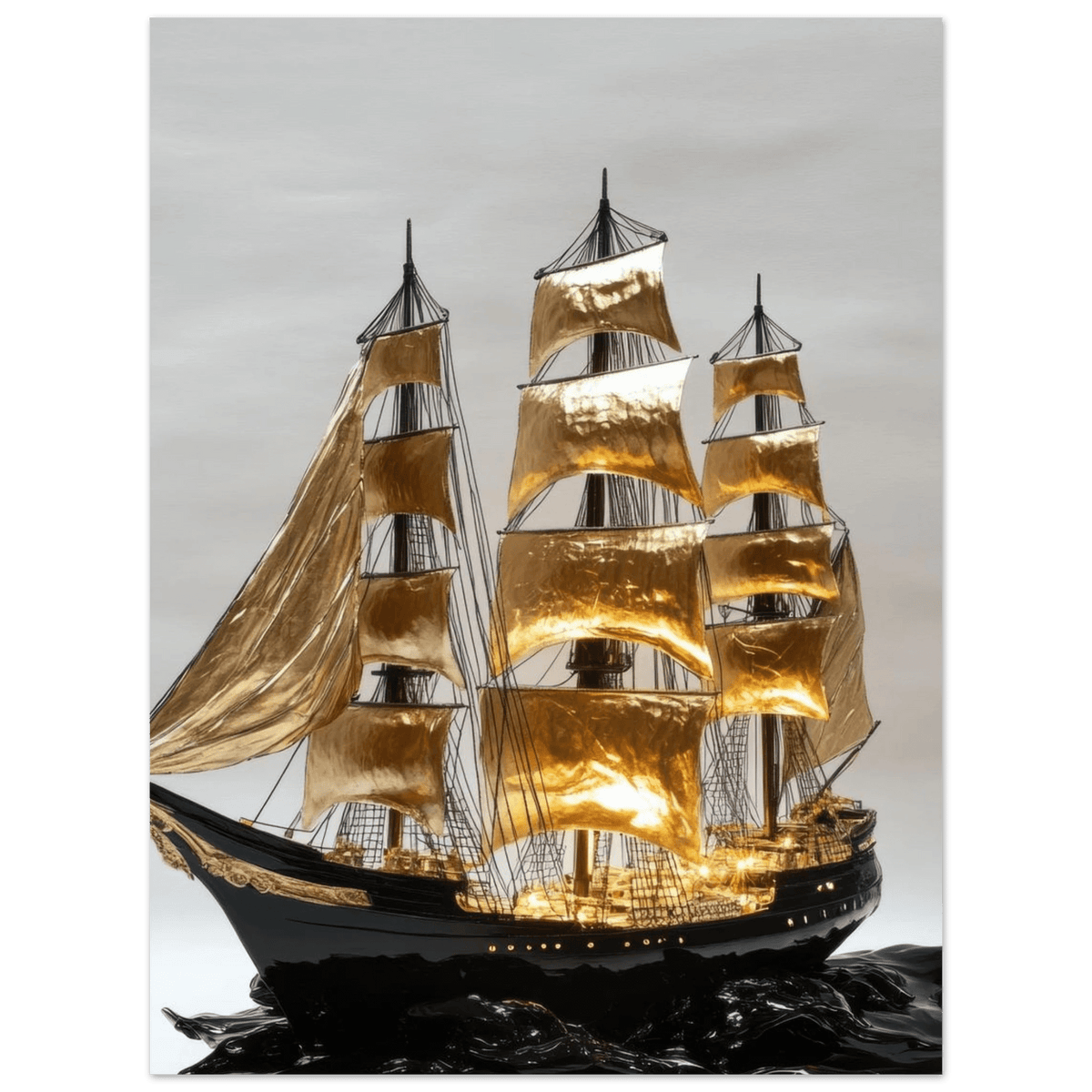 A striking black ship sails across glossy waves - Shop Ai Art WebShop - Digital Art online Store