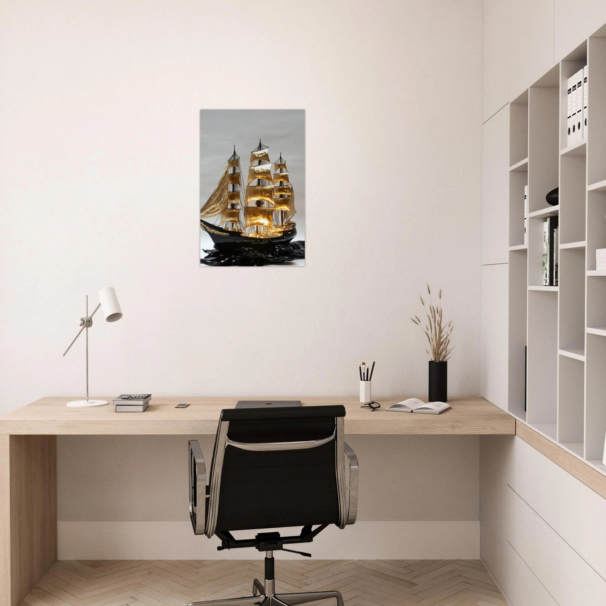A striking black ship sails across glossy waves - Shop Ai Art WebShop - Digital Art online Store