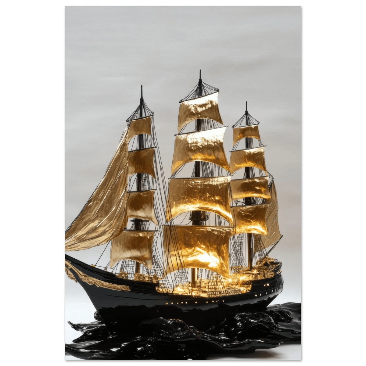 A striking black ship sails across glossy waves - Shop Ai Art WebShop - Digital Art online Store