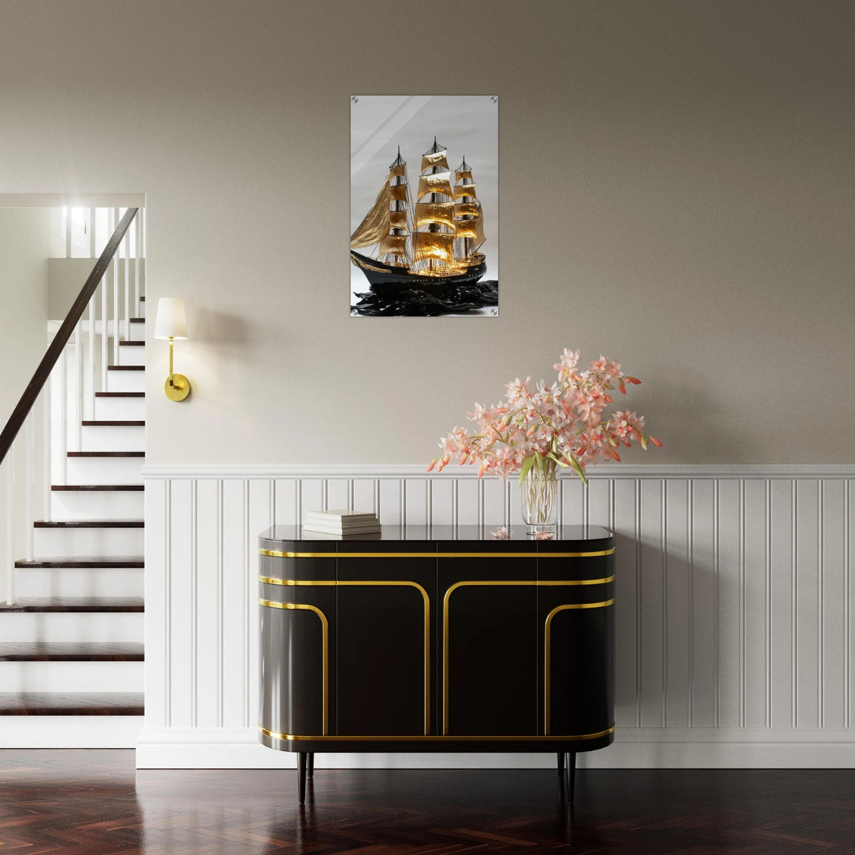 A striking black ship sails across glossy waves - Shop Ai Art WebShop - Digital Art online Store