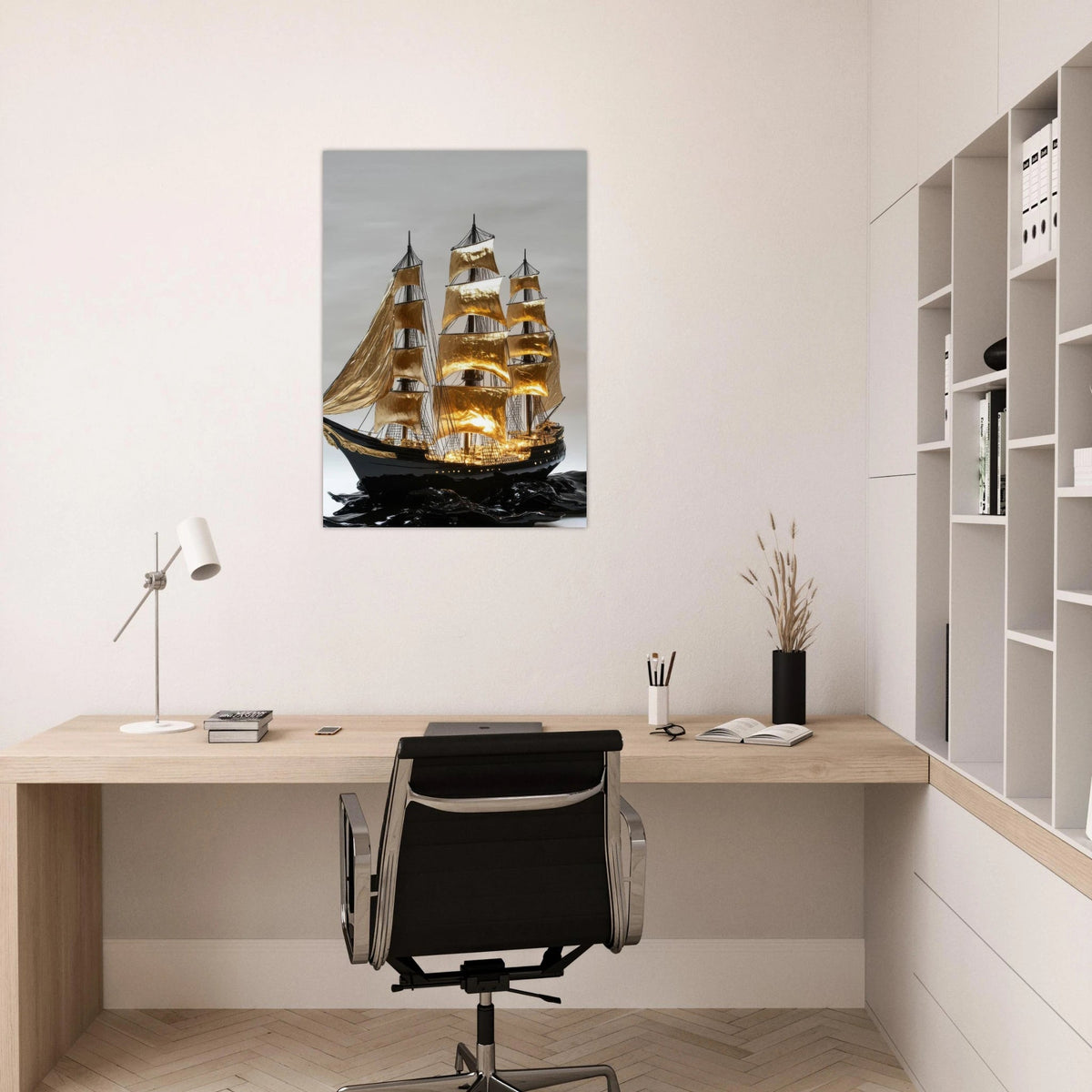 A striking black ship sails across glossy waves - Shop Ai Art WebShop - Digital Art online Store