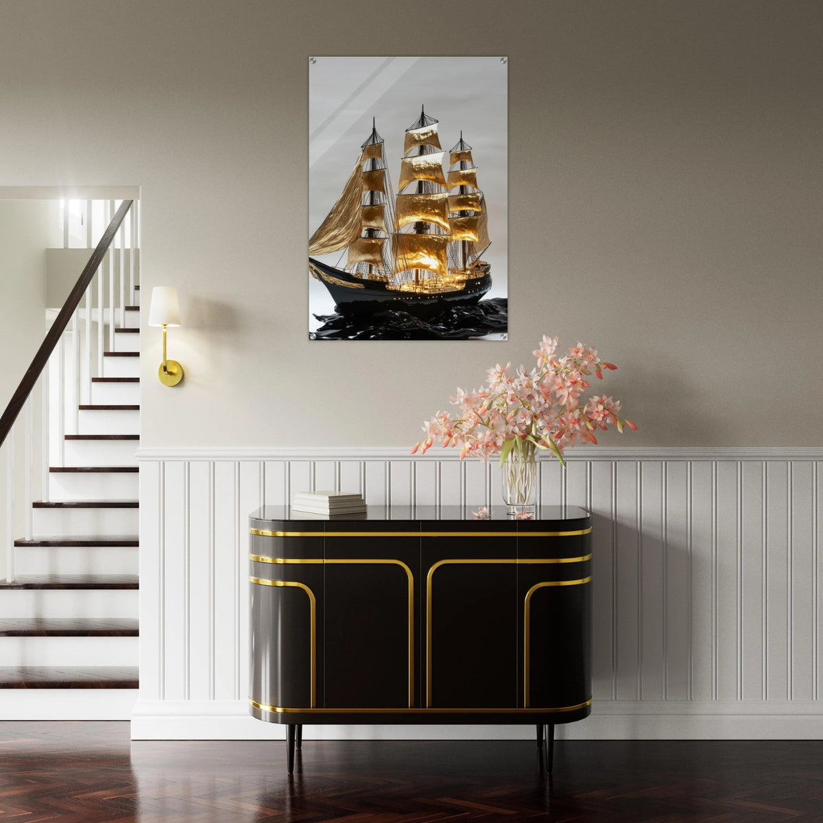 A striking black ship sails across glossy waves - Shop Ai Art WebShop - Digital Art online Store