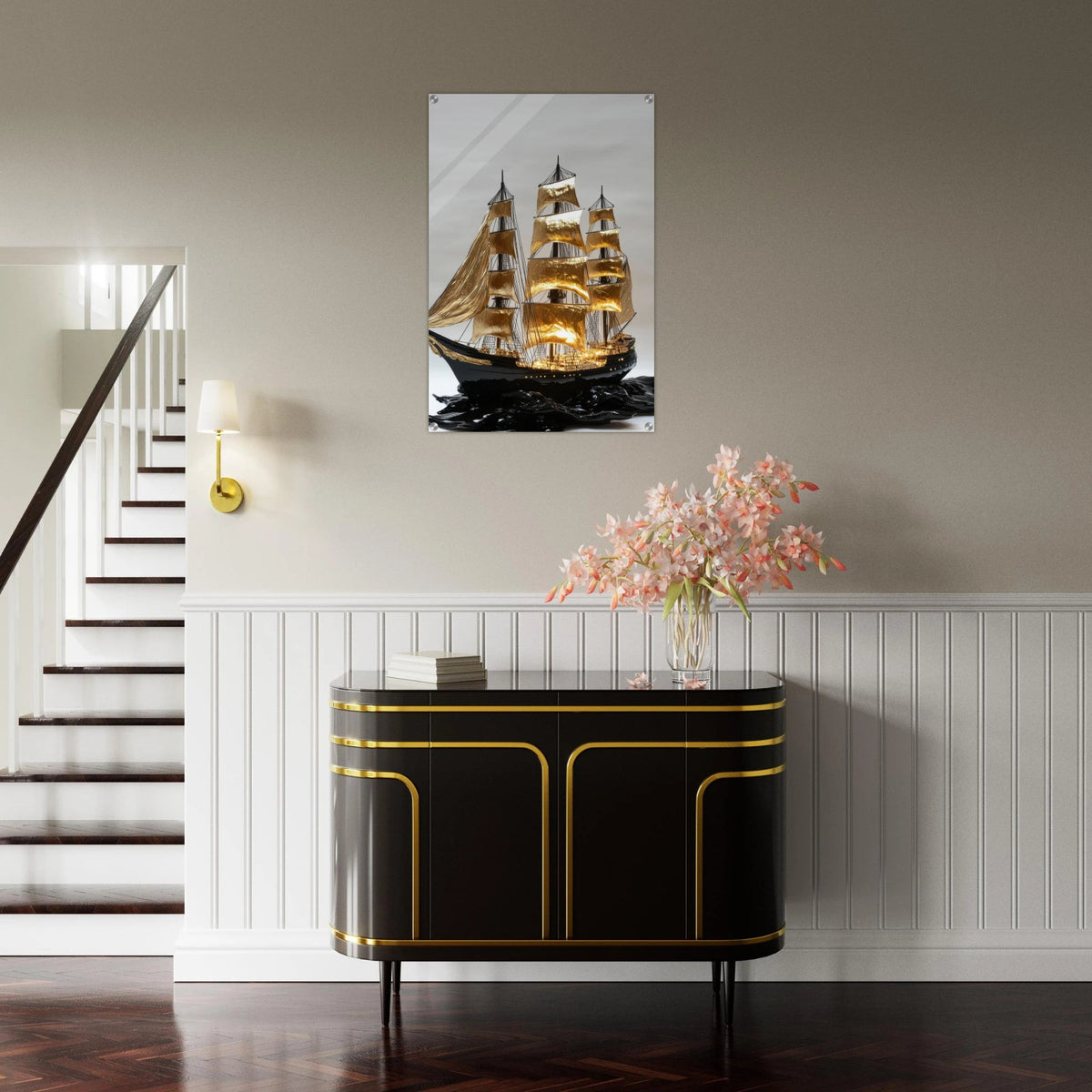 A striking black ship sails across glossy waves - Shop Ai Art WebShop - Digital Art online Store
