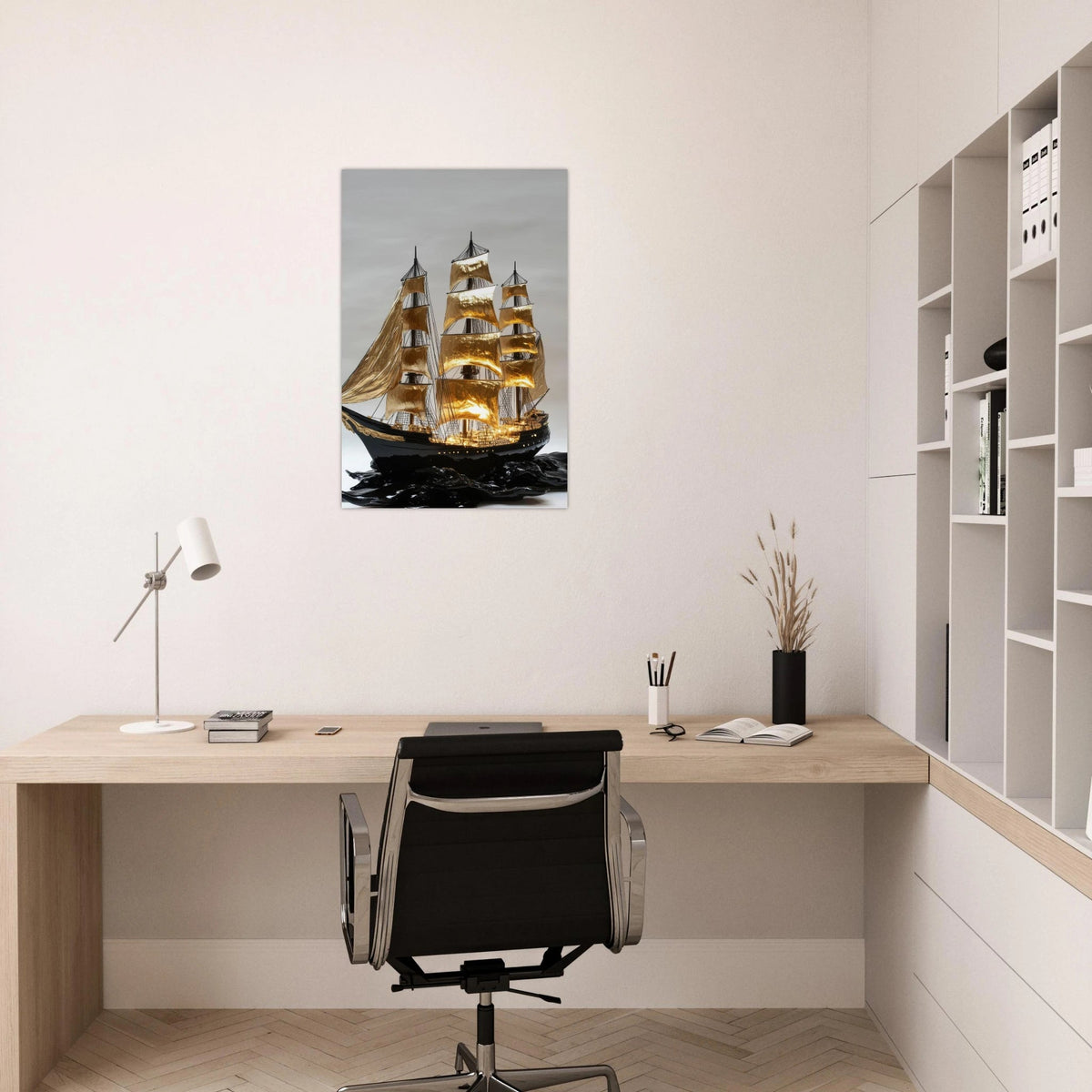 A striking black ship sails across glossy waves - Shop Ai Art WebShop - Digital Art online Store