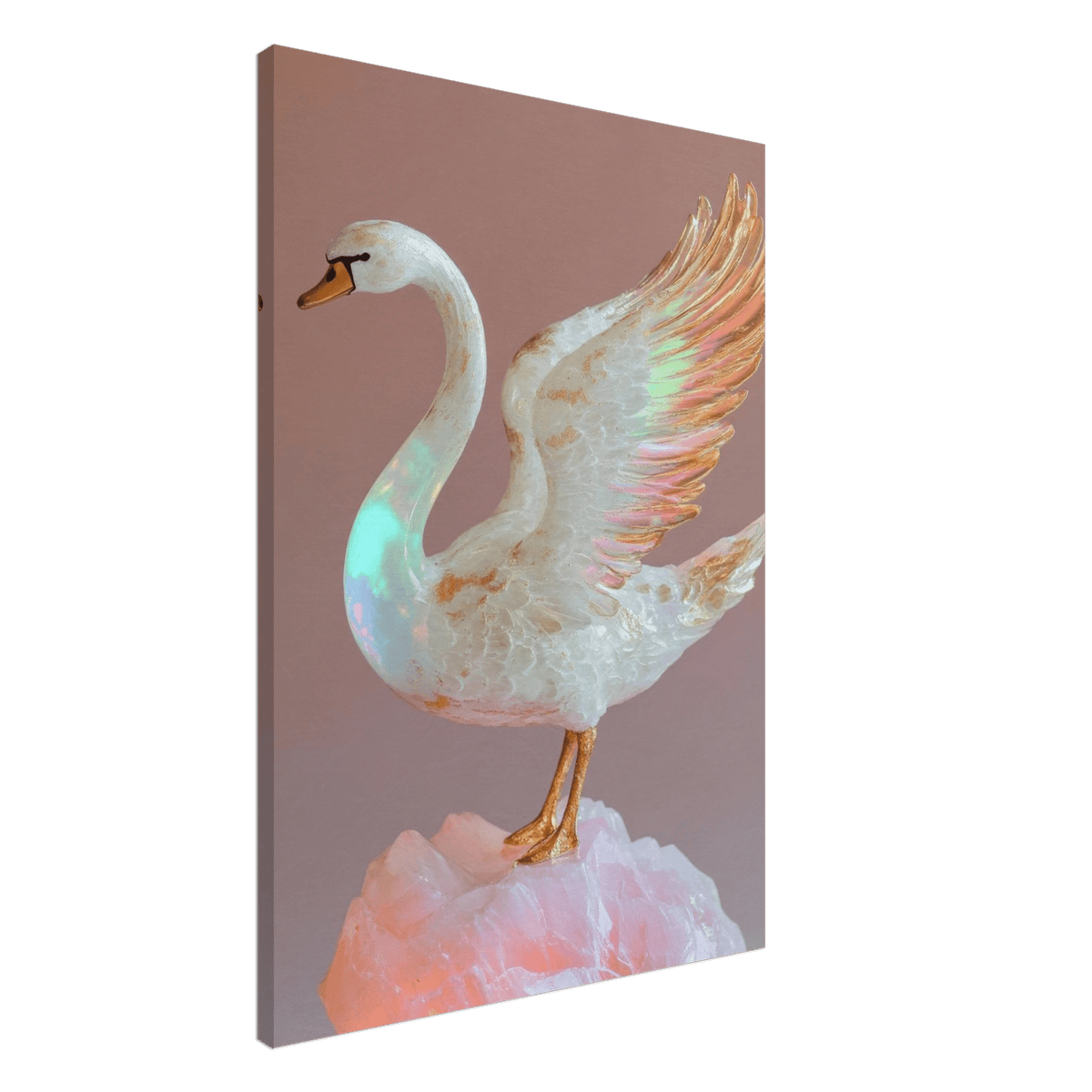 A white opal swan with wings on a pink rock - Shop Ai Art WebShop - Digital Art online Store