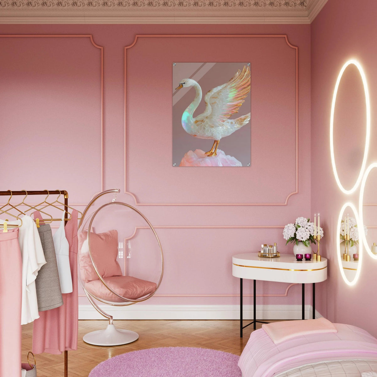 A white opal swan with wings on a pink rock - Shop Ai Art WebShop - Digital Art online Store