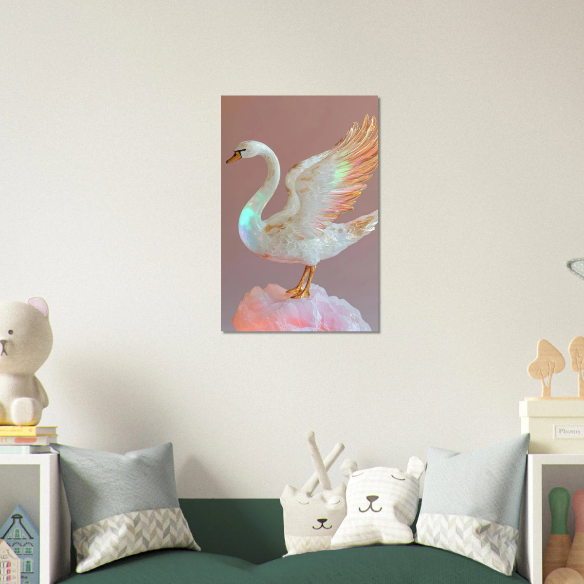A white opal swan with wings on a pink rock - Shop Ai Art WebShop - Digital Art online Store