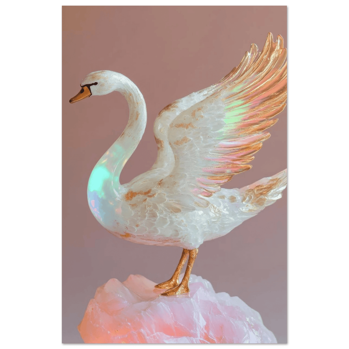 A white opal swan with wings on a pink rock - Shop Ai Art WebShop - Digital Art online Store