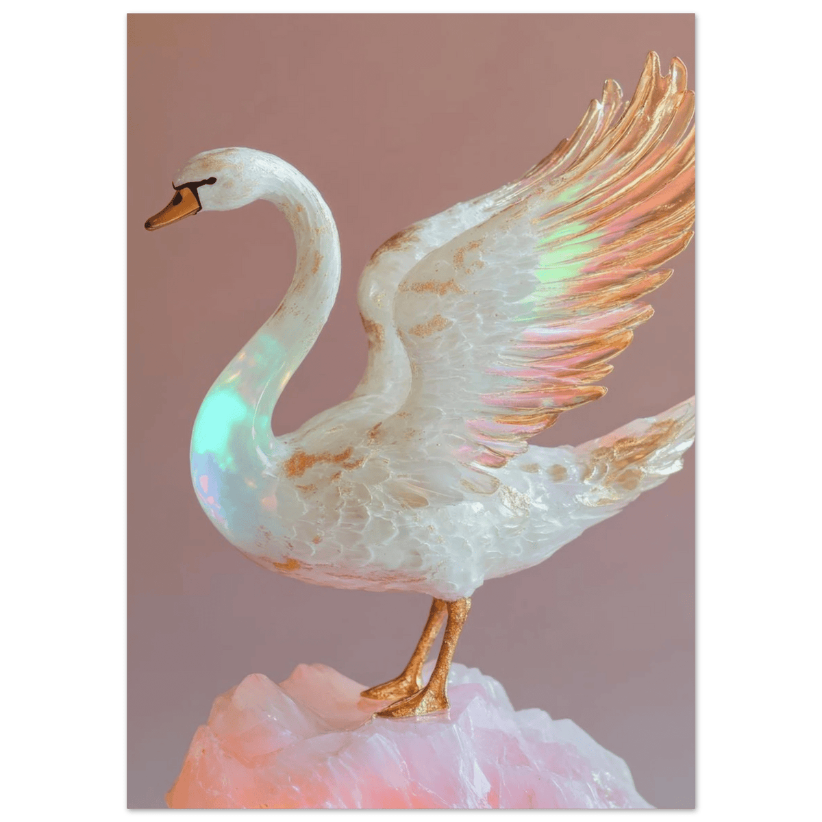 A white opal swan with wings on a pink rock - Shop Ai Art WebShop - Digital Art online Store