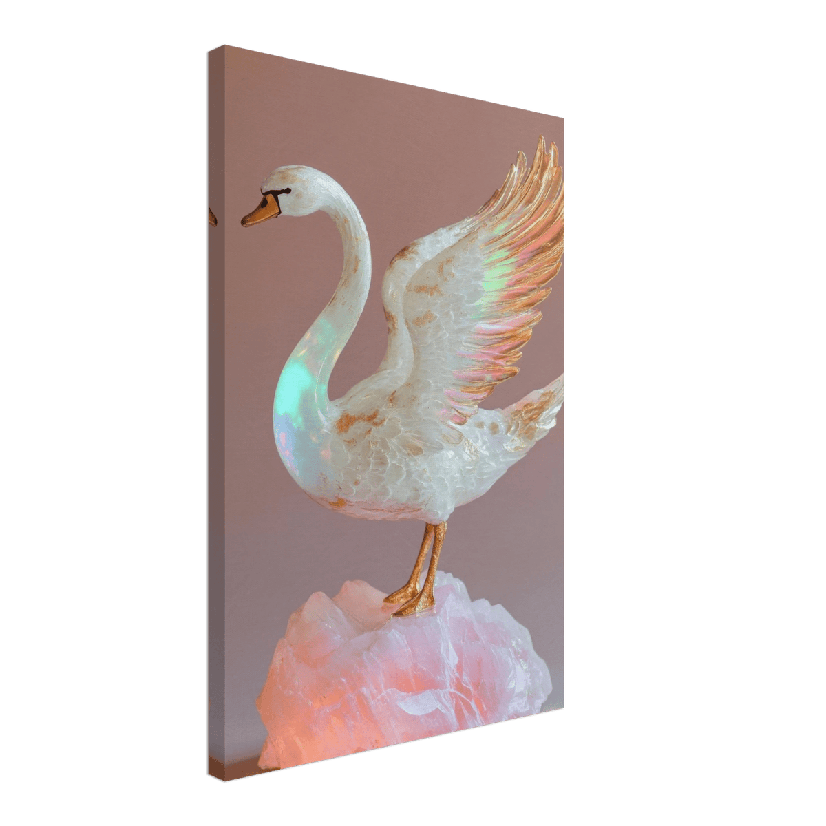 A white opal swan with wings on a pink rock - Shop Ai Art WebShop - Digital Art online Store