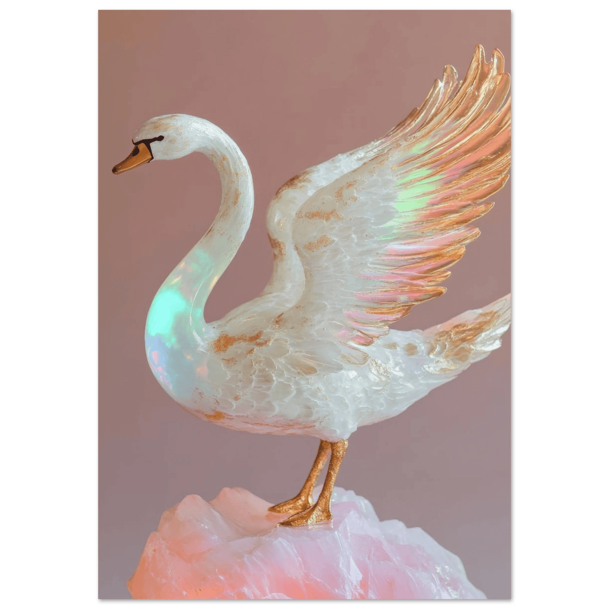 A white opal swan with wings on a pink rock - Shop Ai Art WebShop - Digital Art online Store