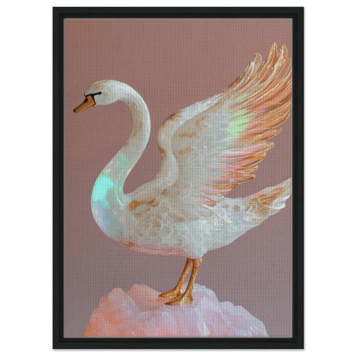 A white opal swan with wings on a pink rock - Shop Ai Art WebShop - Digital Art online Store