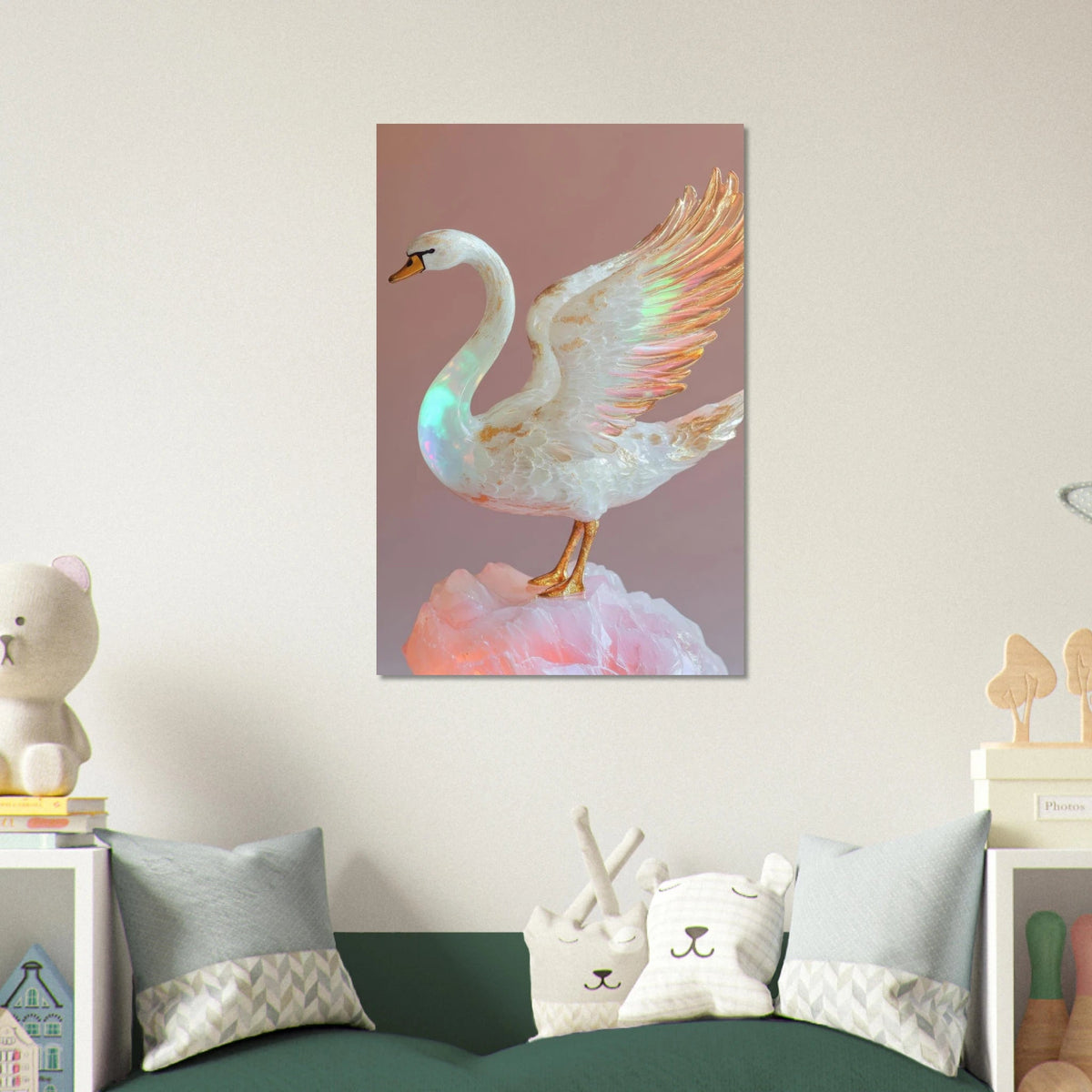 A white opal swan with wings on a pink rock - Shop Ai Art WebShop - Digital Art online Store